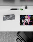 Neon cyberpunk anime mouse pad 14x10 inches in electric blue and magenta, glitchy arcade night vibe.