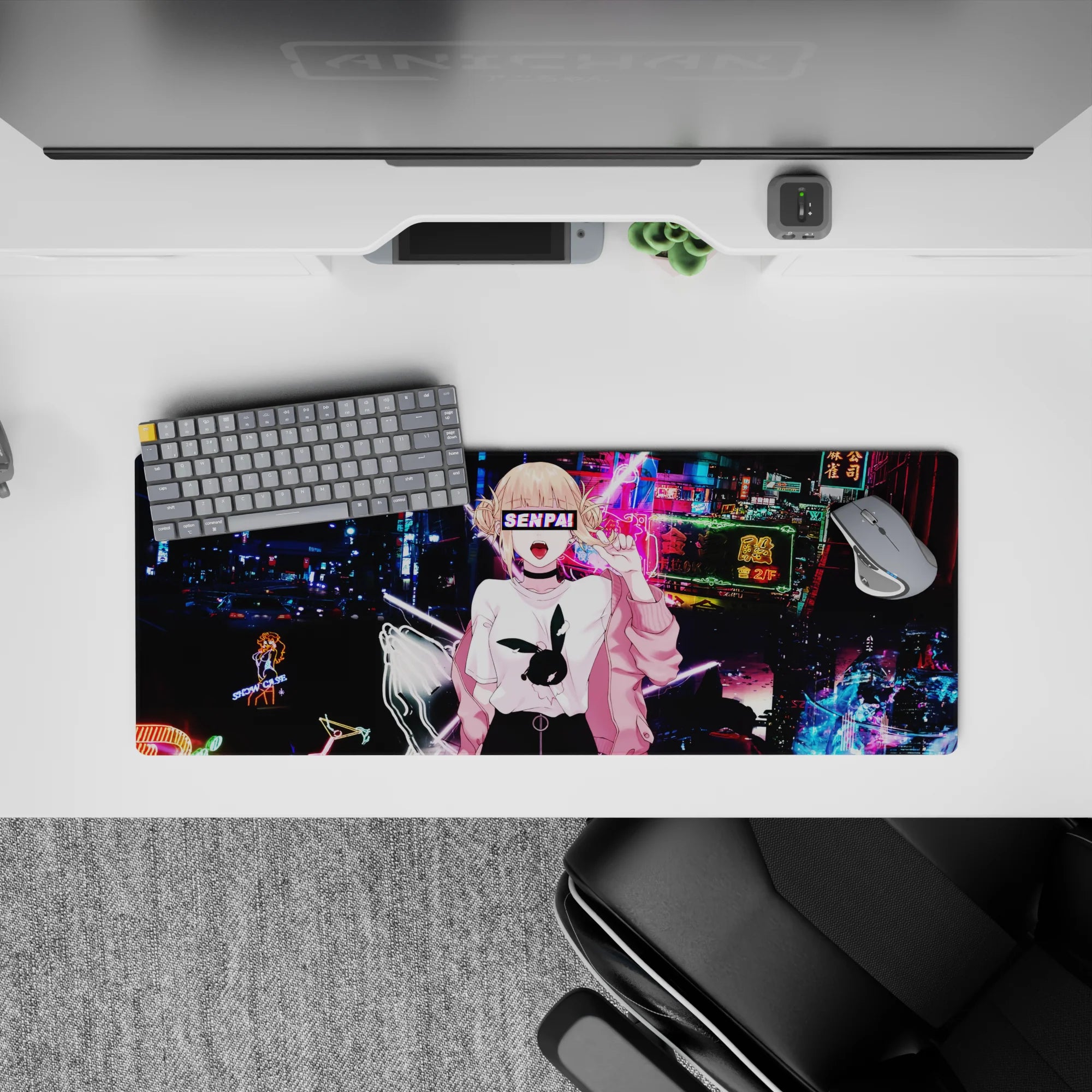 Anime girl mouse pad 32x12 inches in electric blues and magenta neon, glitchy light trails, cyber night mood.