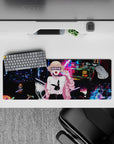 Anime girl mouse pad 32x12 inches in electric blues and magenta neon, glitchy light trails, cyber night mood.