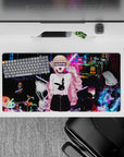 Anime girl mouse pad 32x16 inches in electric blue and magenta neon, glitchy arcade-night vibe.