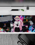 Cyberpunk anime desk pad 36x16 inches in electric blues and magenta, glitchy trails, bubblegum vibe.