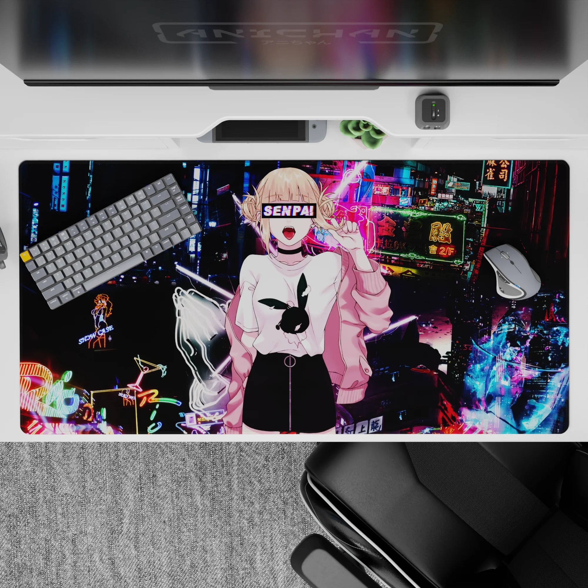 40x20 inches desk pad in electric blues and magenta neon, cyberpunk glow with glitchy light trails.