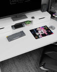 Blonde twin-bun anime girl in bunny logo tee on mouse pad 14x10 inches, neon signs and light trails.