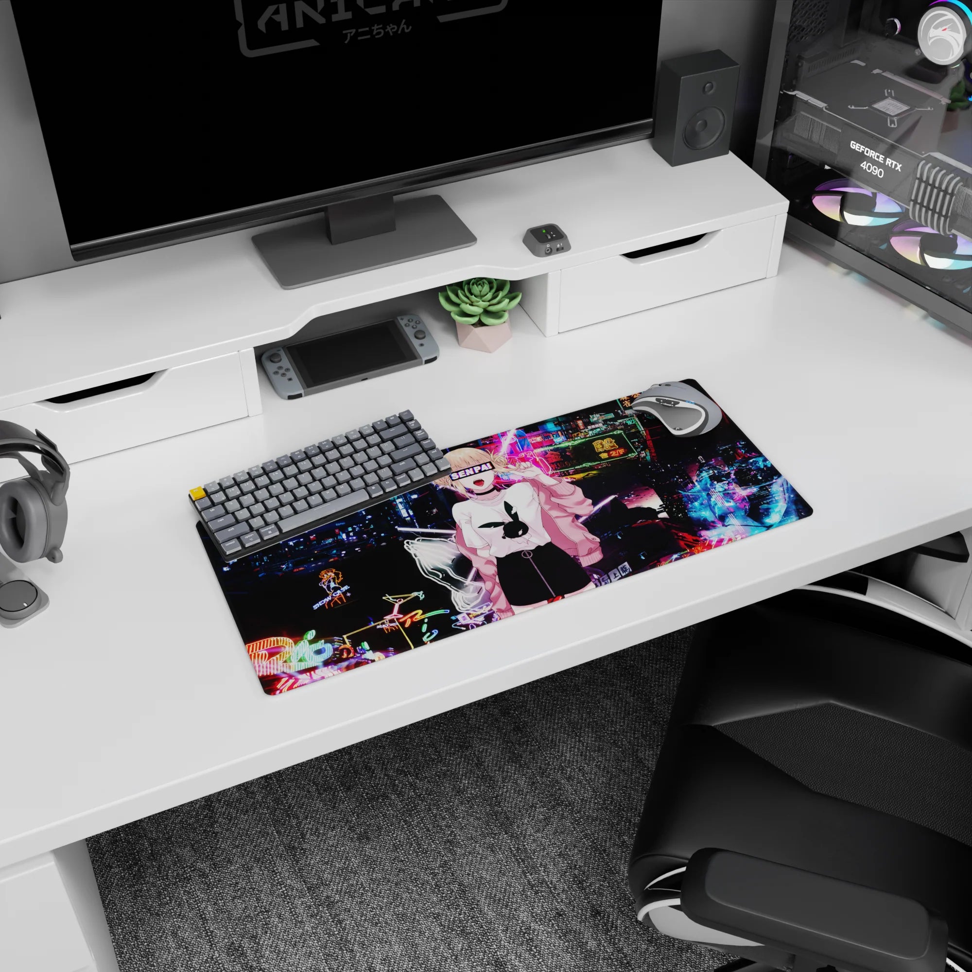 Blonde twin-bun anime girl in bunny logo tee on neon street mouse pad 28x12 inches.