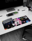Anime girl mouse pad 32x12 inches featuring blonde twin-bun girl in SENPAI jacket and bunny logo tee.