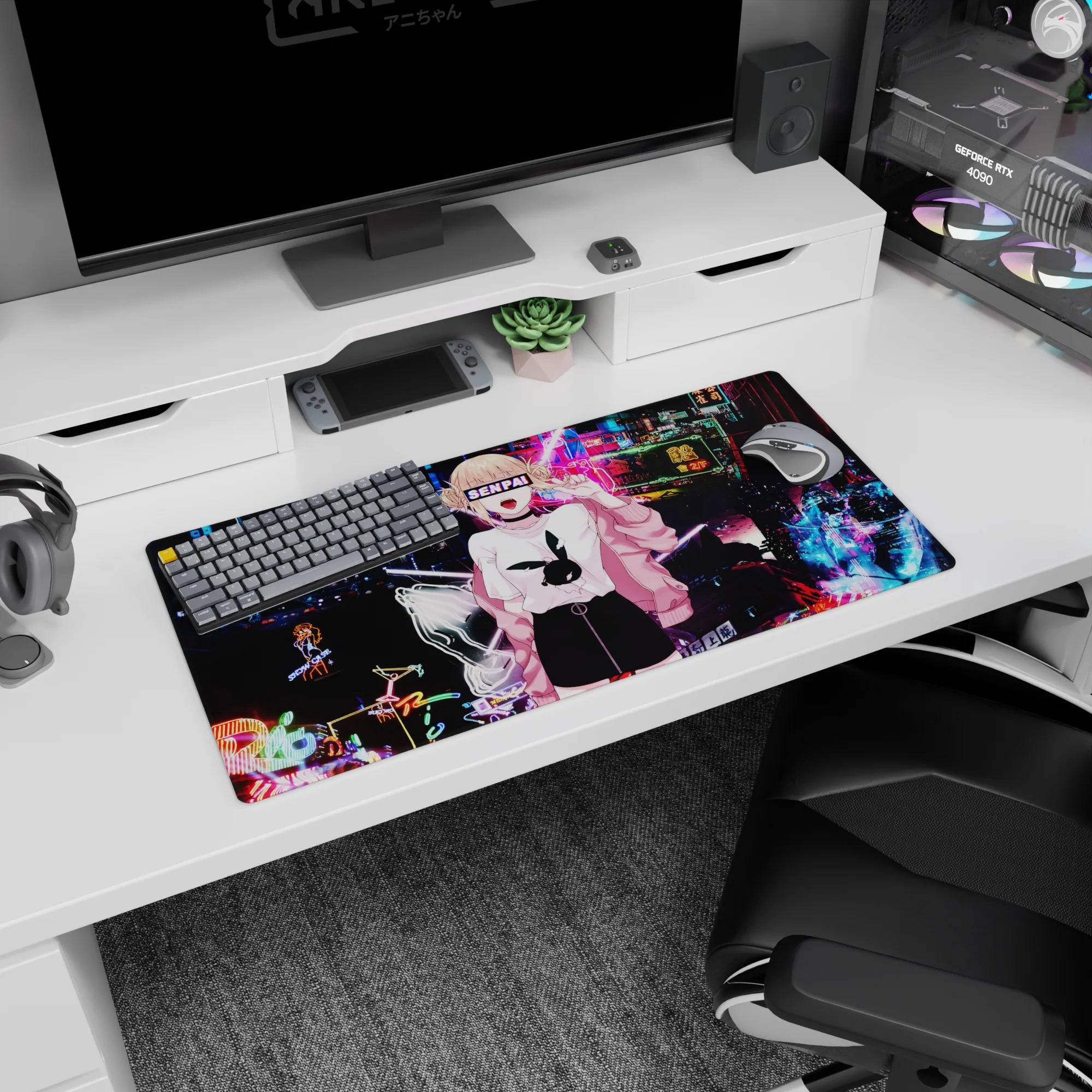 Anime girl mouse pad 32x16 inches featuring blonde twin-bun anime girl in bubblegum jacket under neon signs.