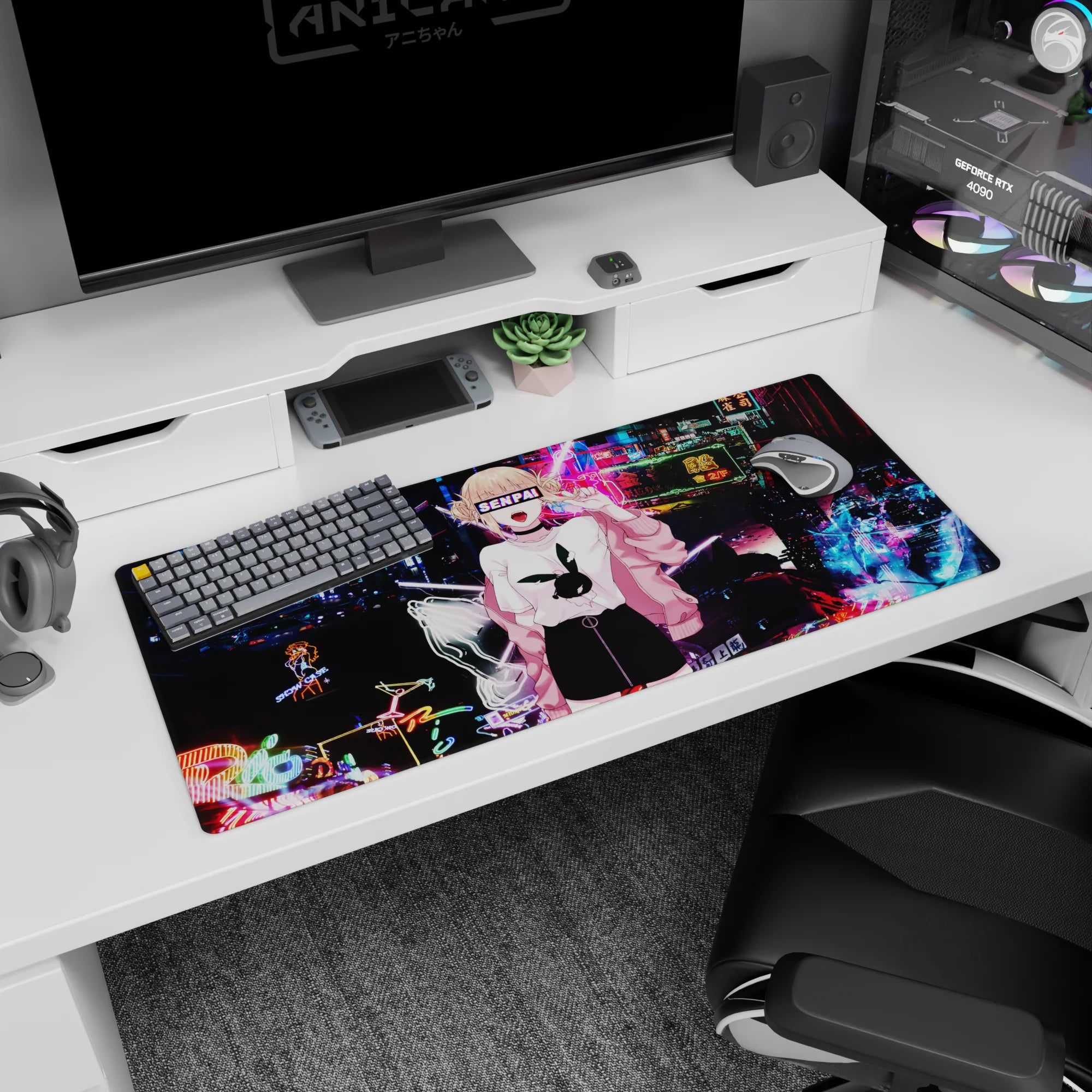 Blonde twin-bun anime girl in pink jacket desk pad 36x16 inches, bunny logo tee, neon signs.