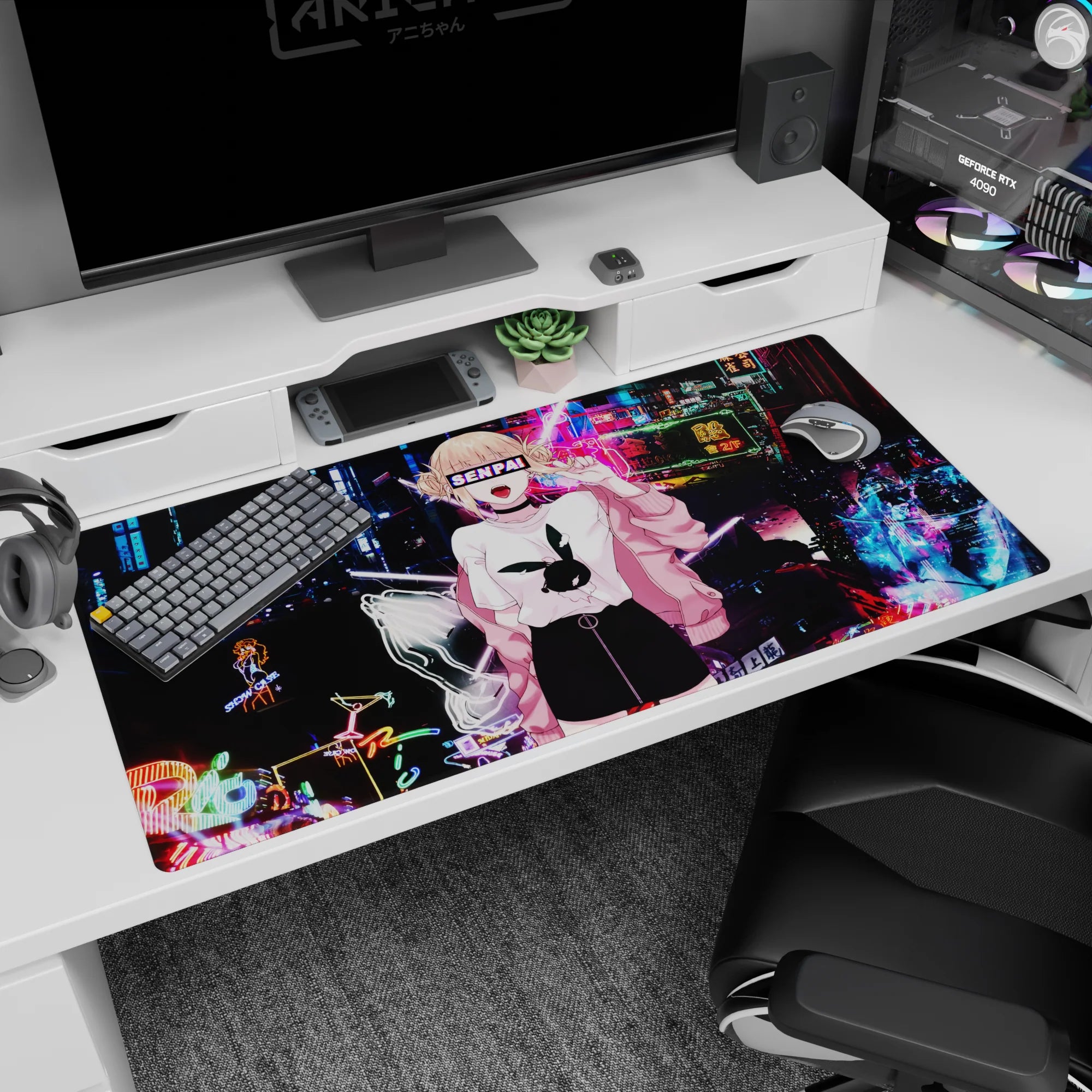 40x20 inches anime desk pad featuring blonde twin-bun girl in pink jacket, bunny logo tee, neon signs.
