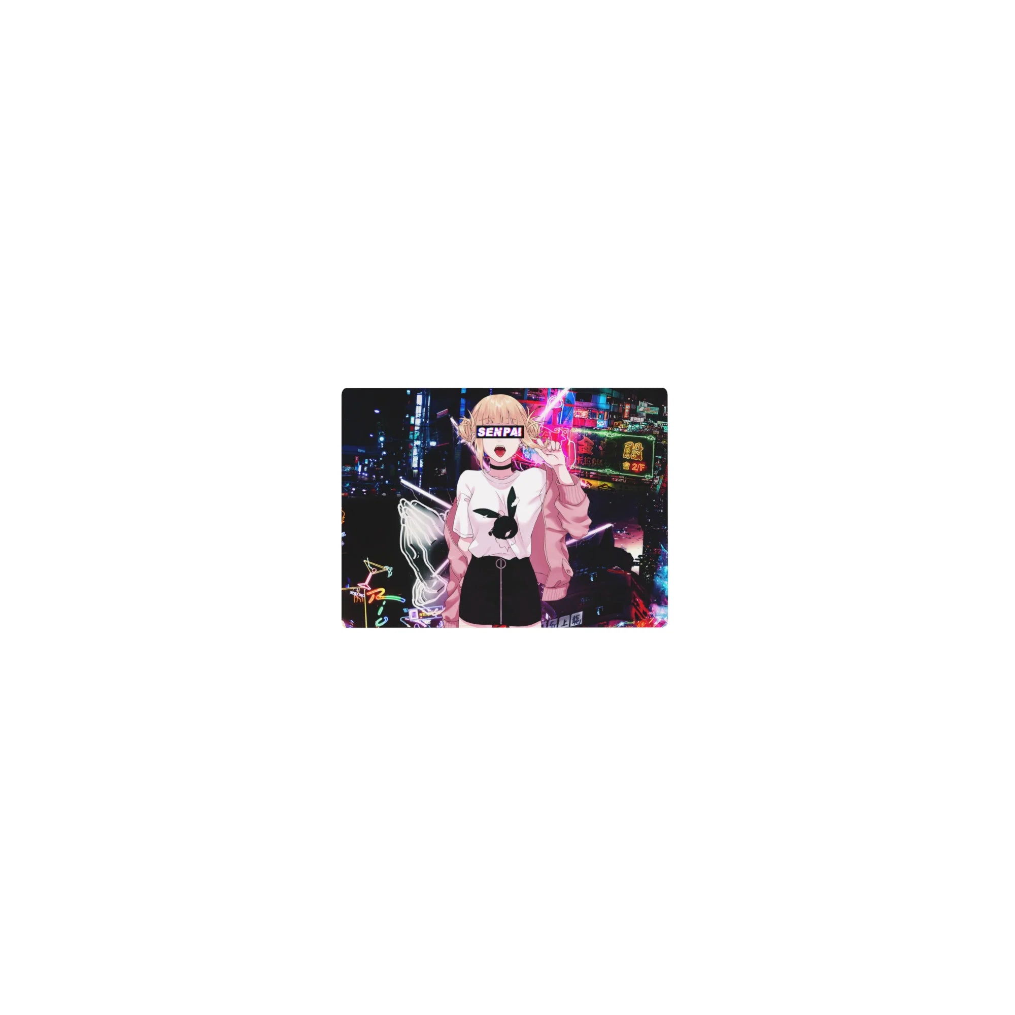 Classic anime girl mouse pad 14x10 inches with neon city backdrop, bubblegum pink jacket, SENPAI text.