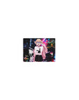 Classic anime girl mouse pad 14x10 inches with neon city backdrop, bubblegum pink jacket, SENPAI text.