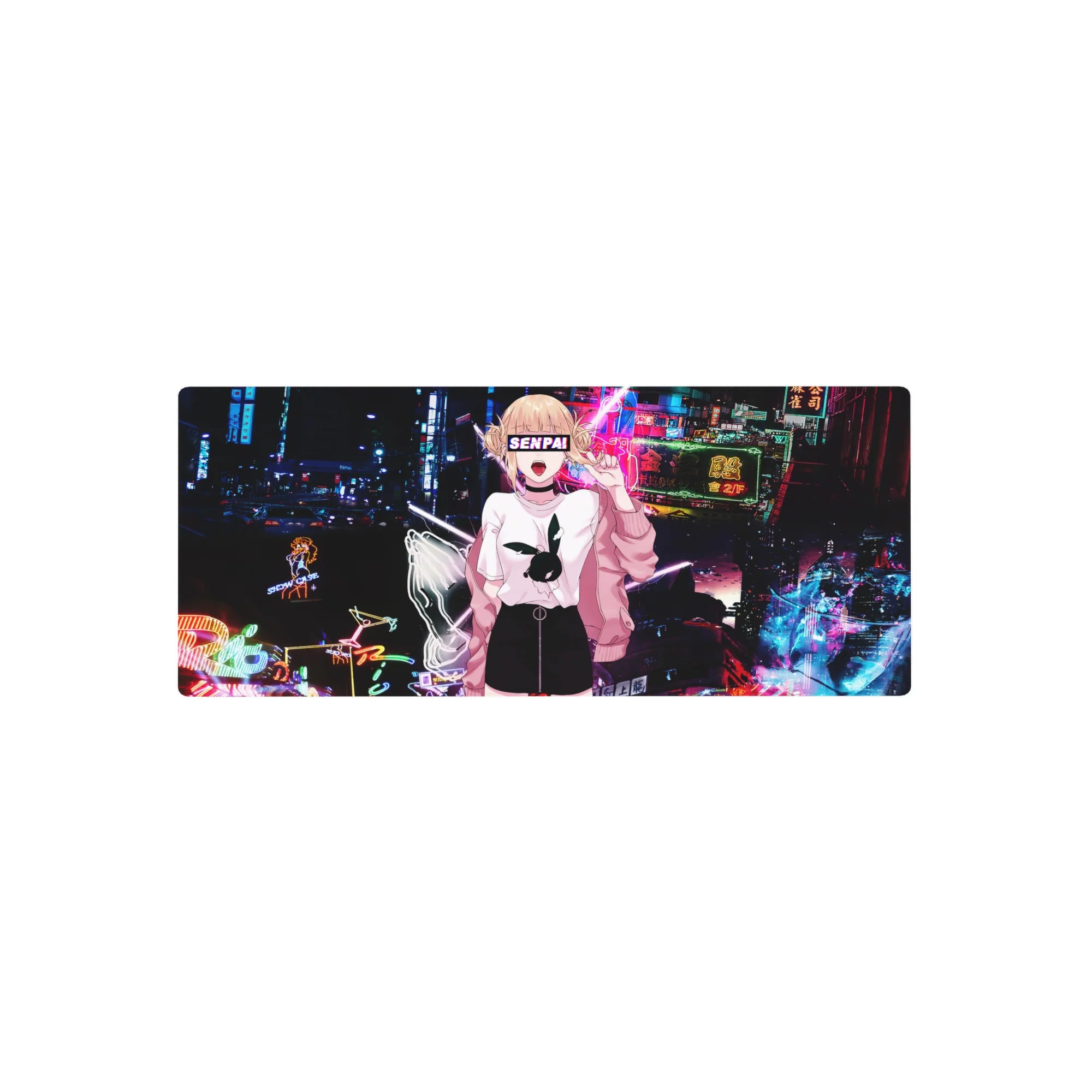 Anime girl mouse pad 28x12 inches with neon city background, bubblegum pink jacket, SENPAI text.