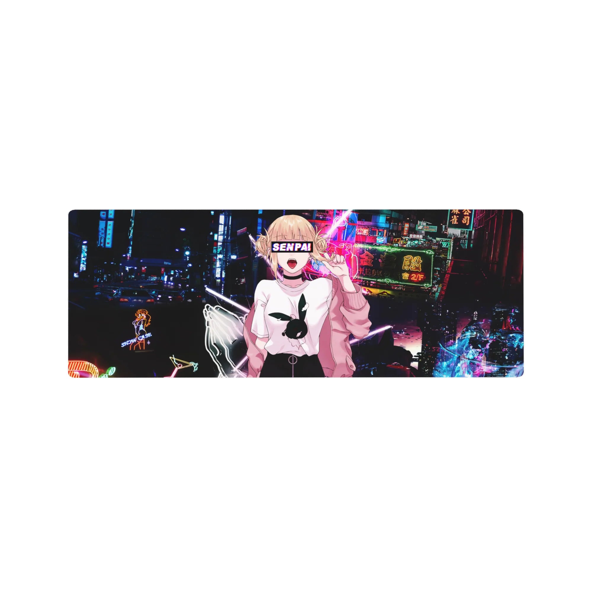 Anime girl mouse pad 32x12 inches with neon city arcade street art, bubblegum pink jacket, SENPAI vibe.