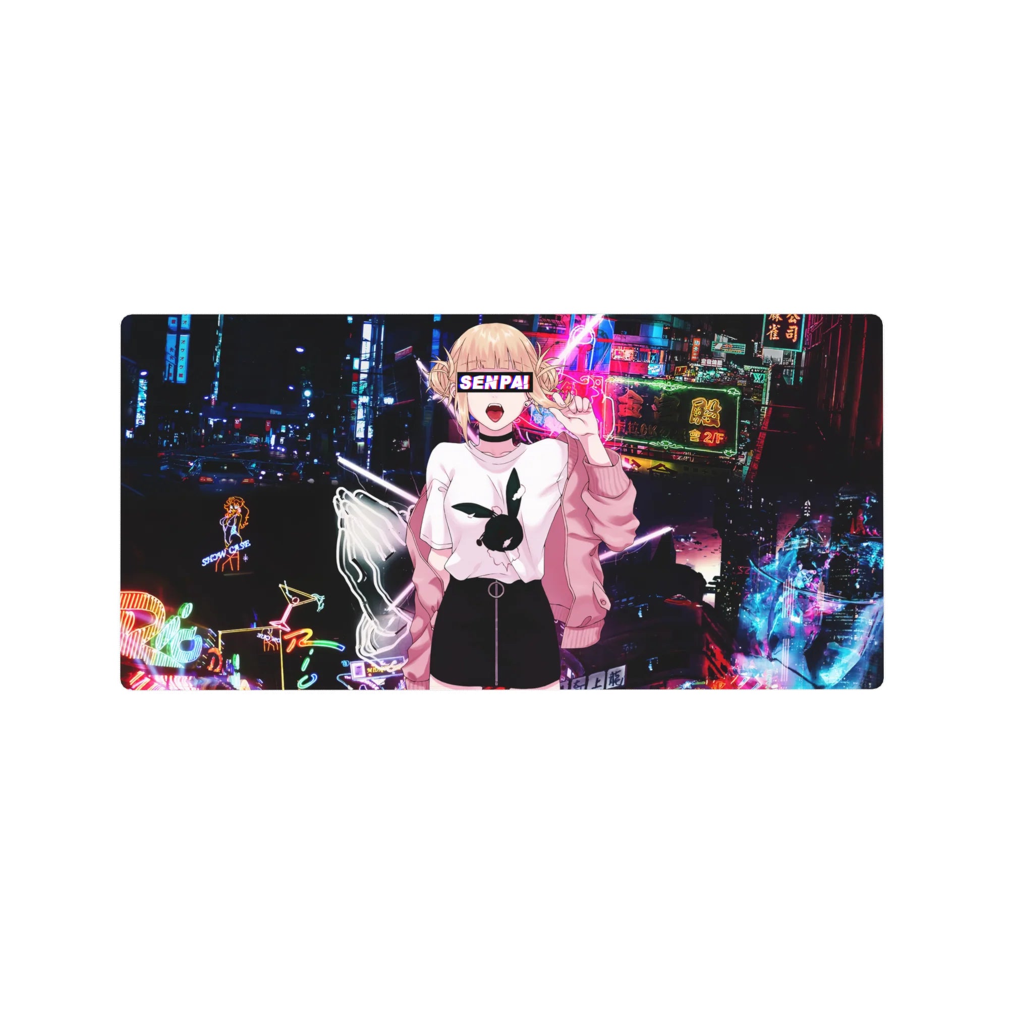 Anime girl mouse pad 32x16 inches with neon city streetwear design, SENPAI text, and bunny tee.