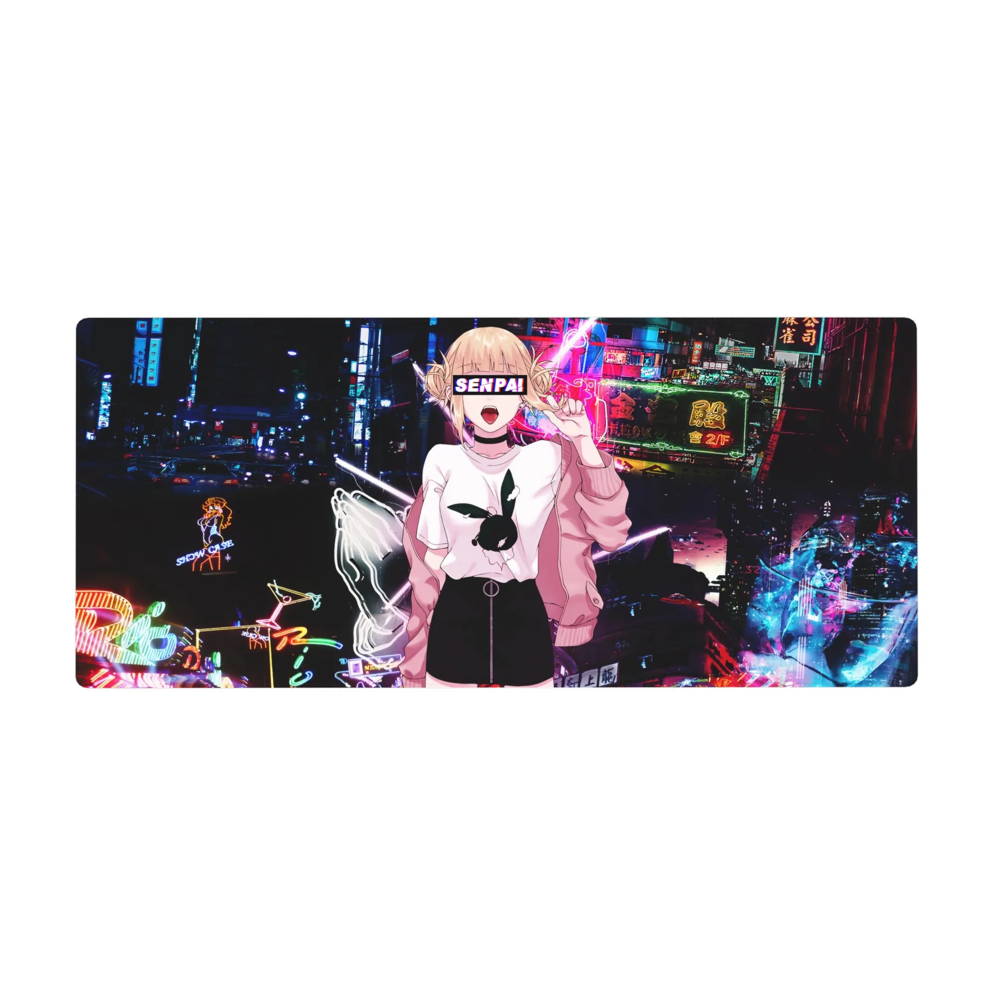 Anime girl desk pad 36x16 inches with neon city backdrop, SENPAI text, and arcade street aesthetic.