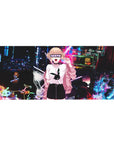 Anime girl desk pad 36x16 inches with neon city backdrop, SENPAI text, and arcade street aesthetic.
