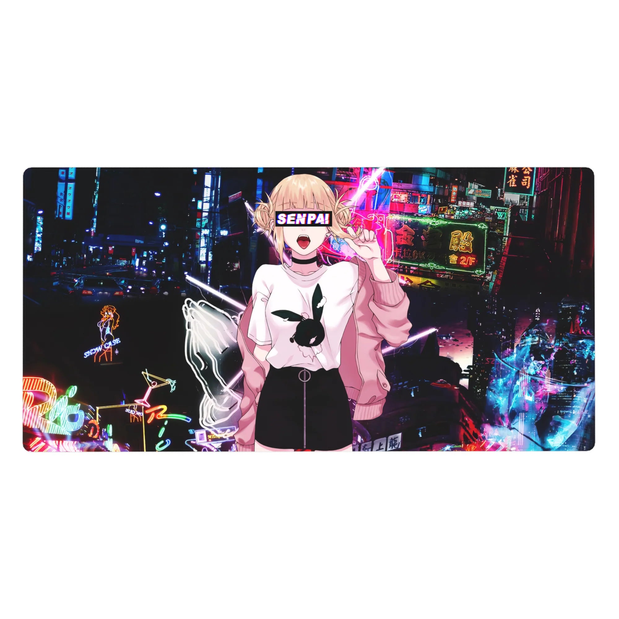 40x20 inches anime girl desk pad with neon city arcade street, bubblegum jacket and SENPAI text.