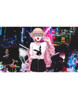 40x20 inches anime girl desk pad with neon city arcade street, bubblegum jacket and SENPAI text.