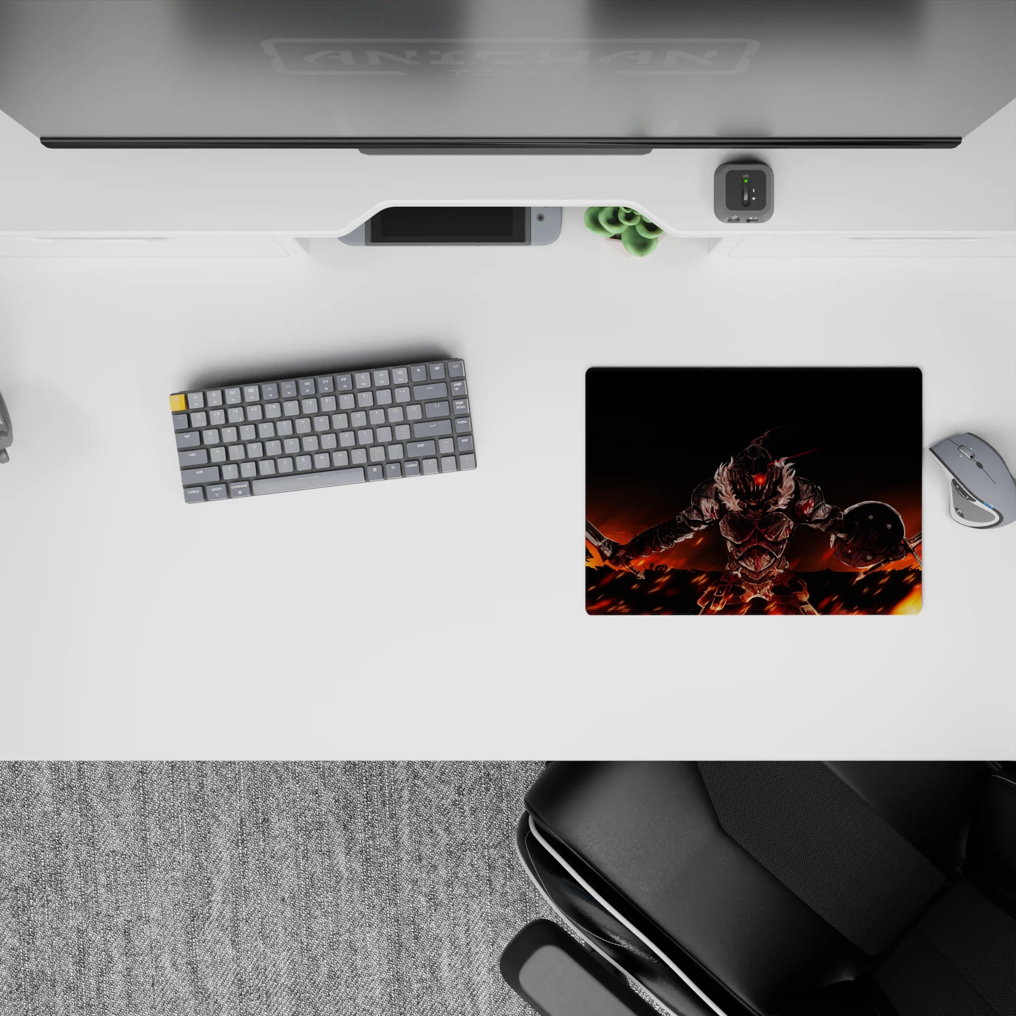 Fiery orange-and-black 14x10 inches anime mouse pad, intense dark fantasy vibe with a red-glowing visor.