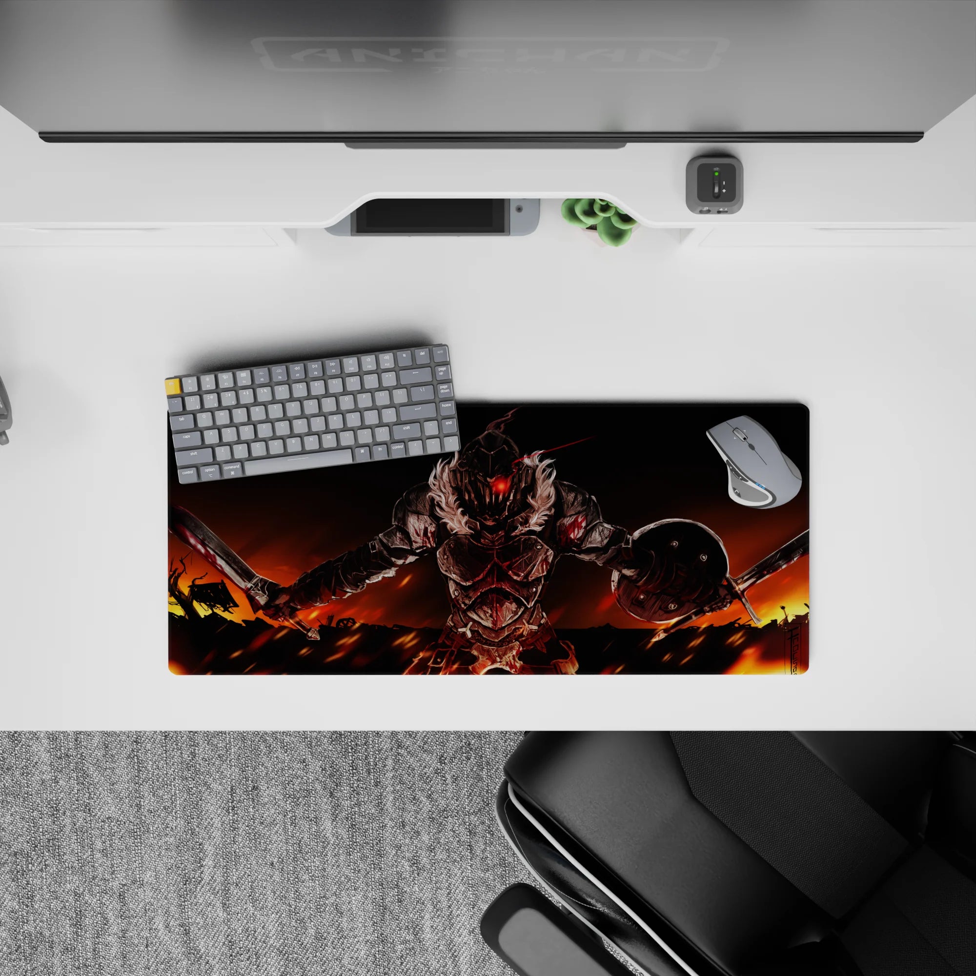 28x12 inches anime mouse pad in hot orange wildfire sky and deep blacks, gritty dark fantasy vibe.