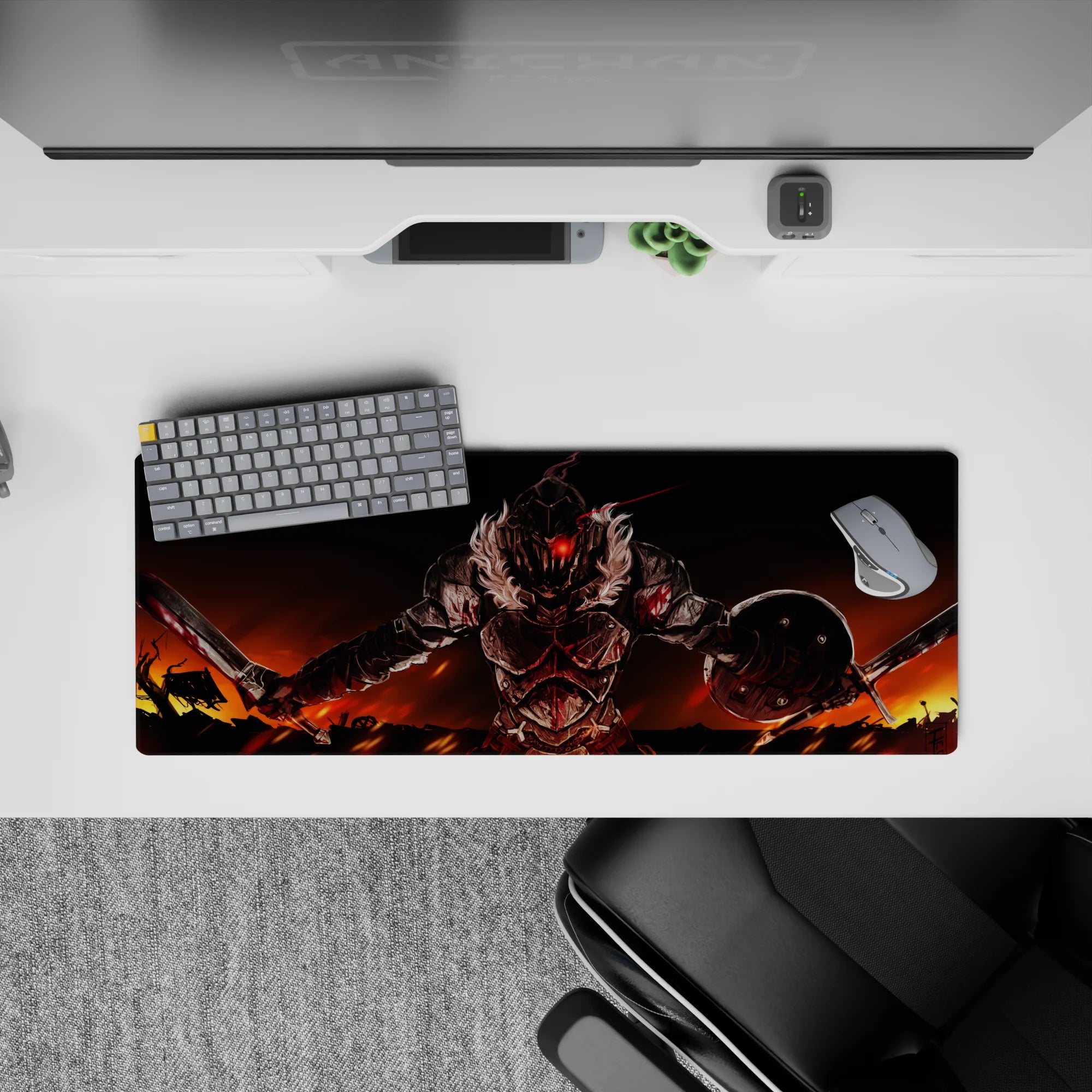 32x12 inches anime mouse pad in hot orange and deep black, gritty intense battle vibe, glowing red visor.
