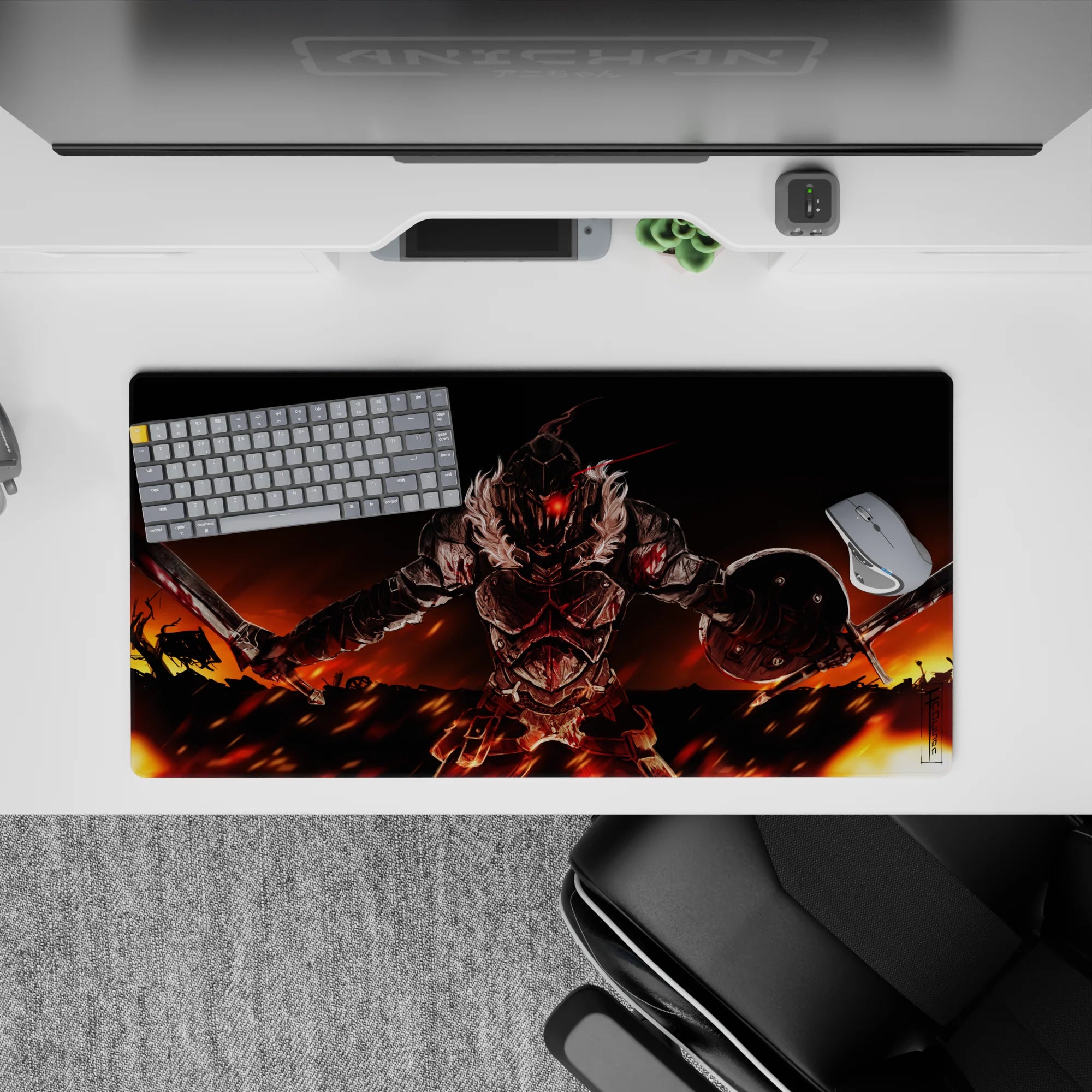 32x16 inches anime mouse pad in hot orange and deep black tones, gritty dark fantasy mood, intense action.