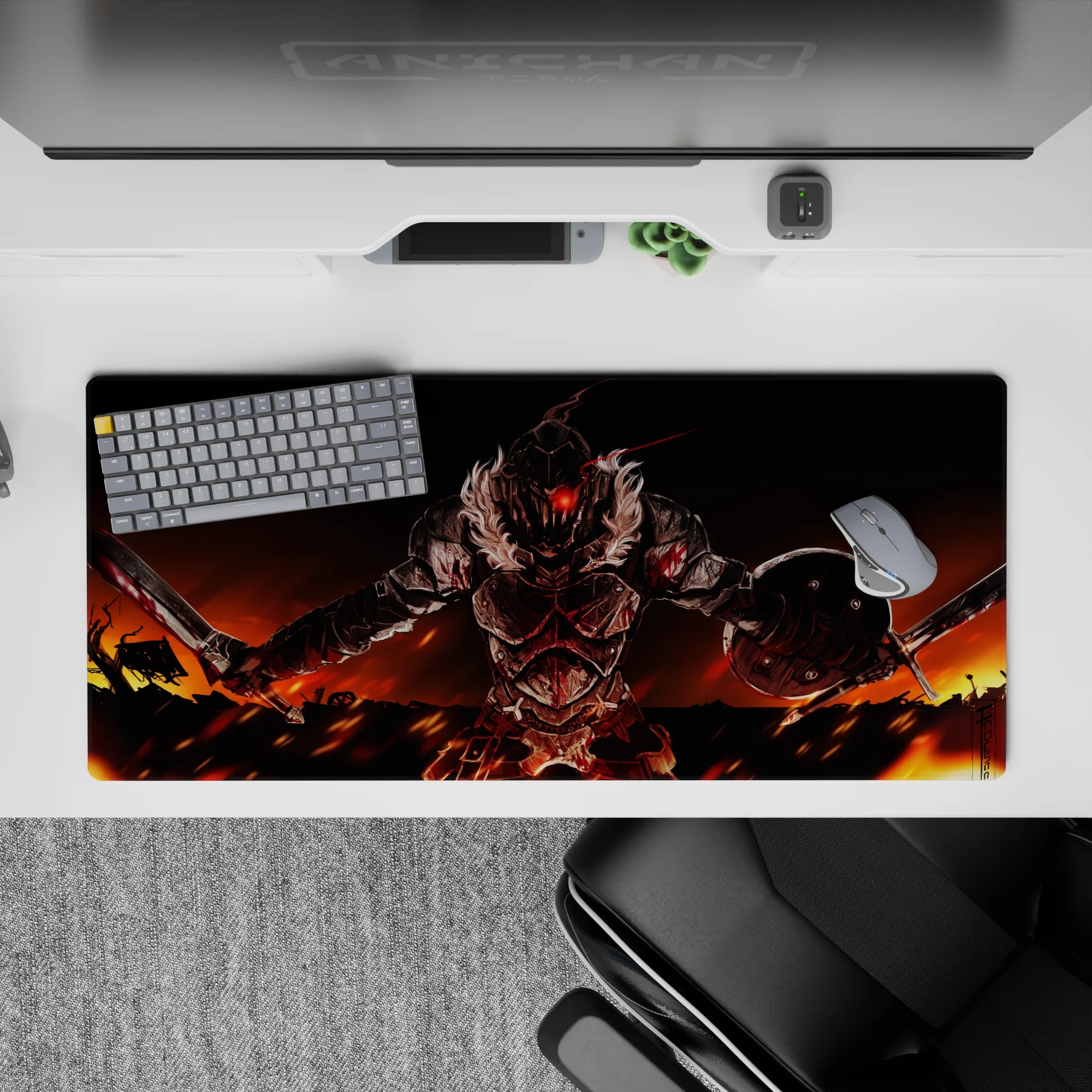 36x16 inches anime desk pad in hot oranges and deep blacks, dark fantasy vibe under a wildfire sky.