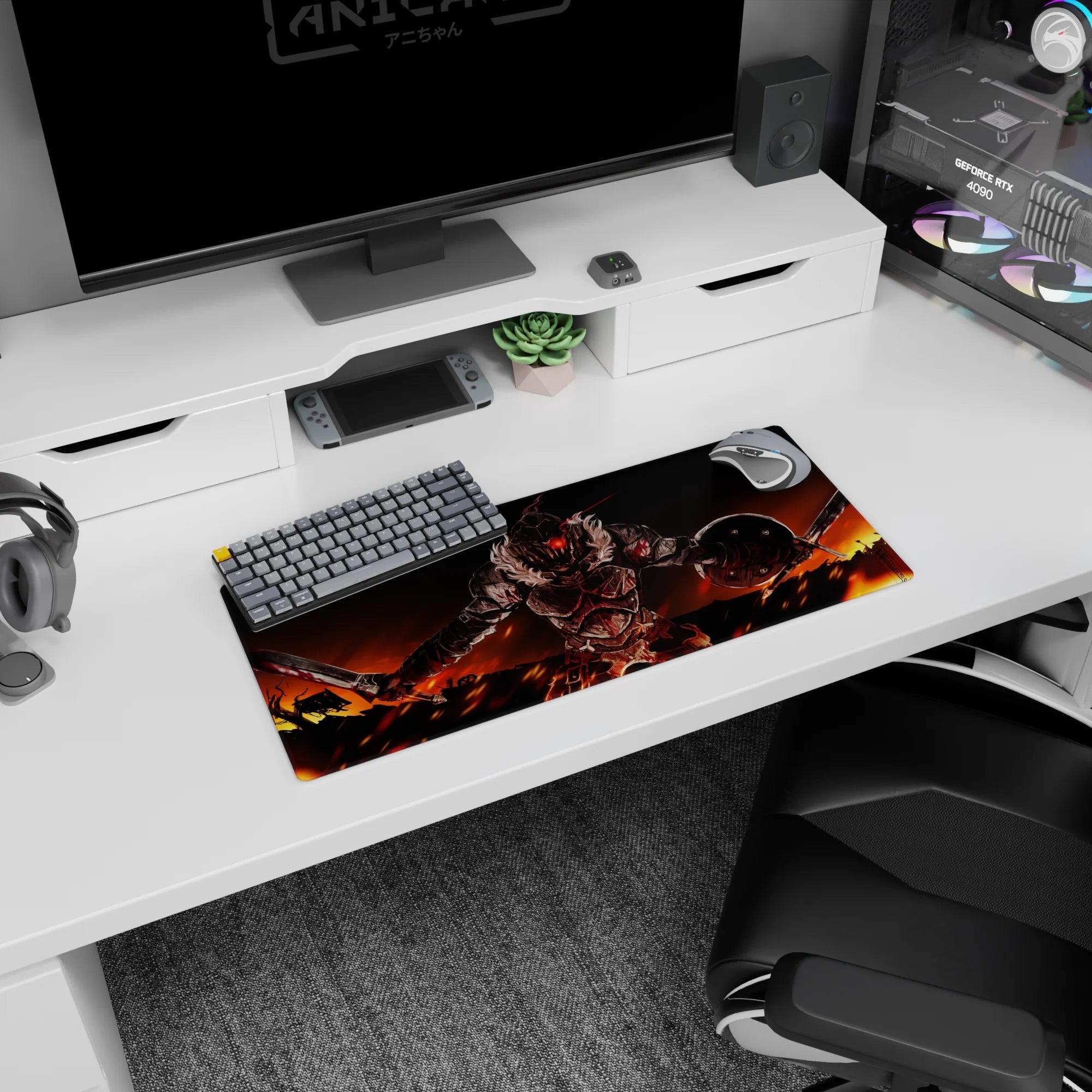 28x12 inches anime mouse pad showing a charging knight with glowing red visor, blades drawn, shield raised.