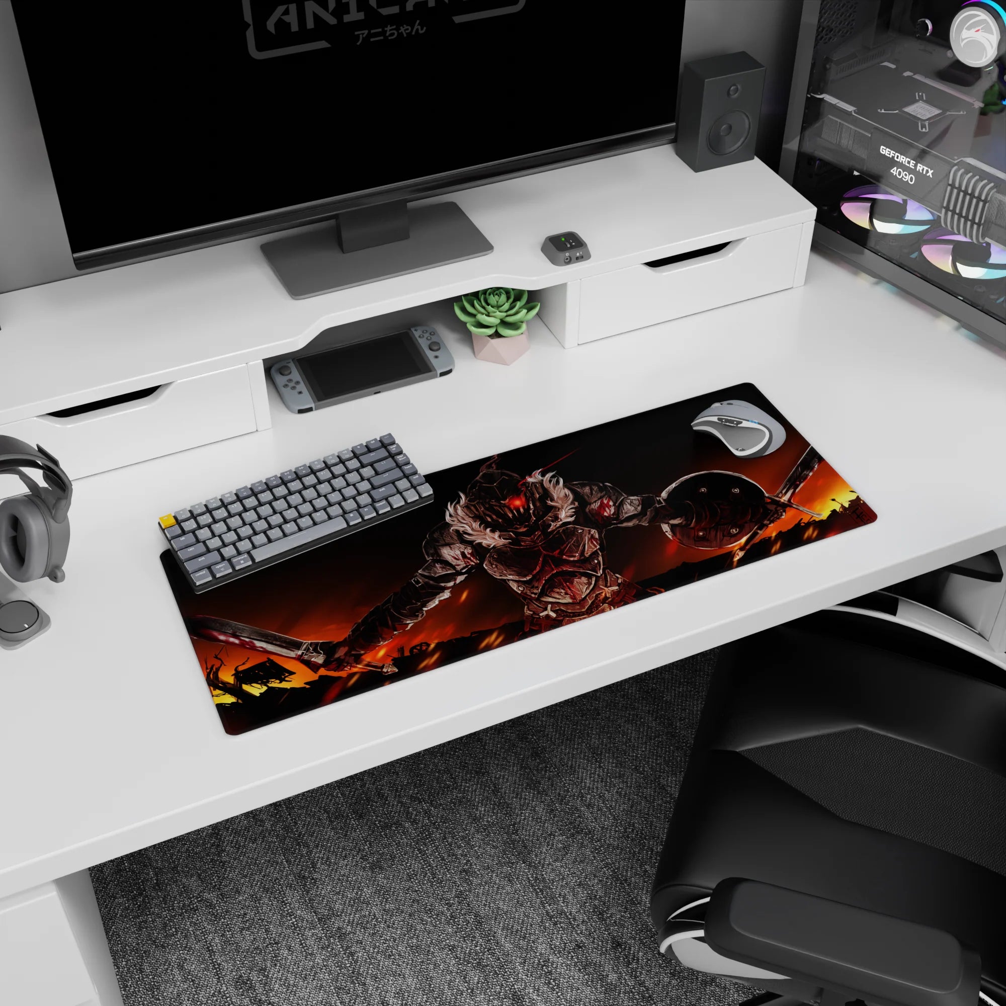 32x12 inches anime mouse pad showing a brutal knight charging forward, red-lit visor, jagged armor, wide stance.