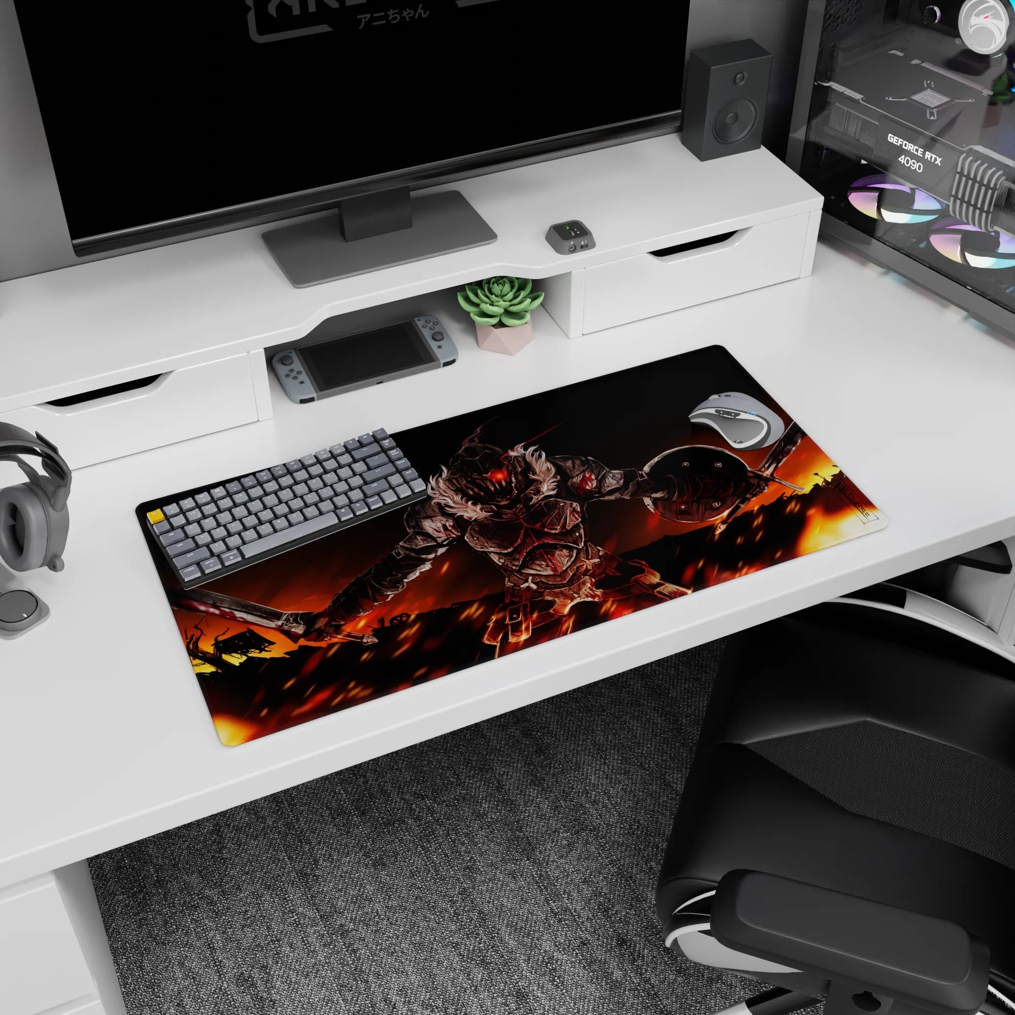 32x16 inches anime mouse pad showing armored knight charging forward, glowing red visor, jagged steel armor.
