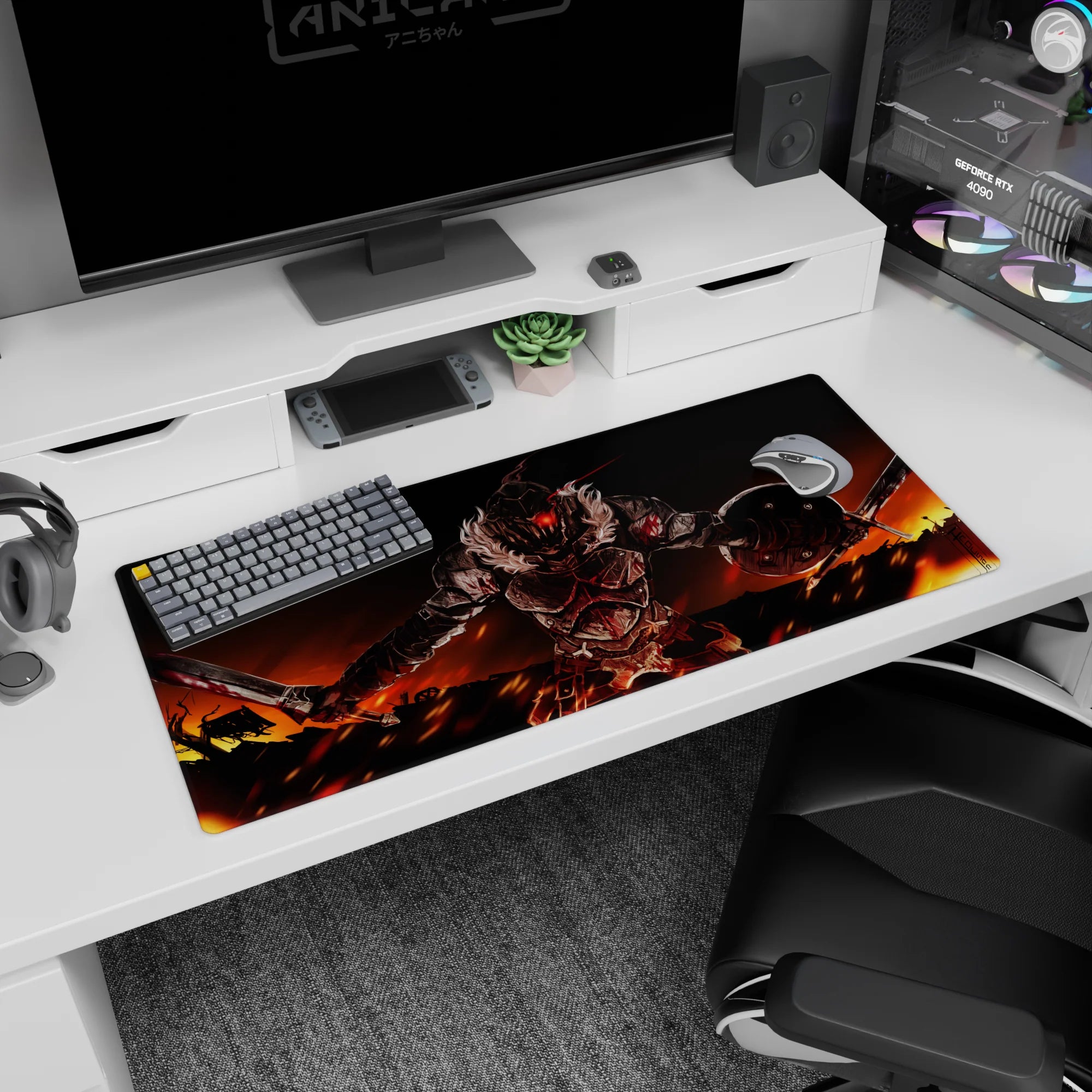 36x16 inches anime desk pad showing a charging knight, glowing red visor, wide stance, blades raised.