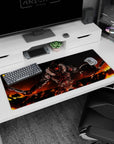 36x16 inches anime desk pad showing a charging knight, glowing red visor, wide stance, blades raised.