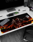 Brutal red-eyed knight charging forward under a wildfire sky on an anime desk pad 40x20 inches.
