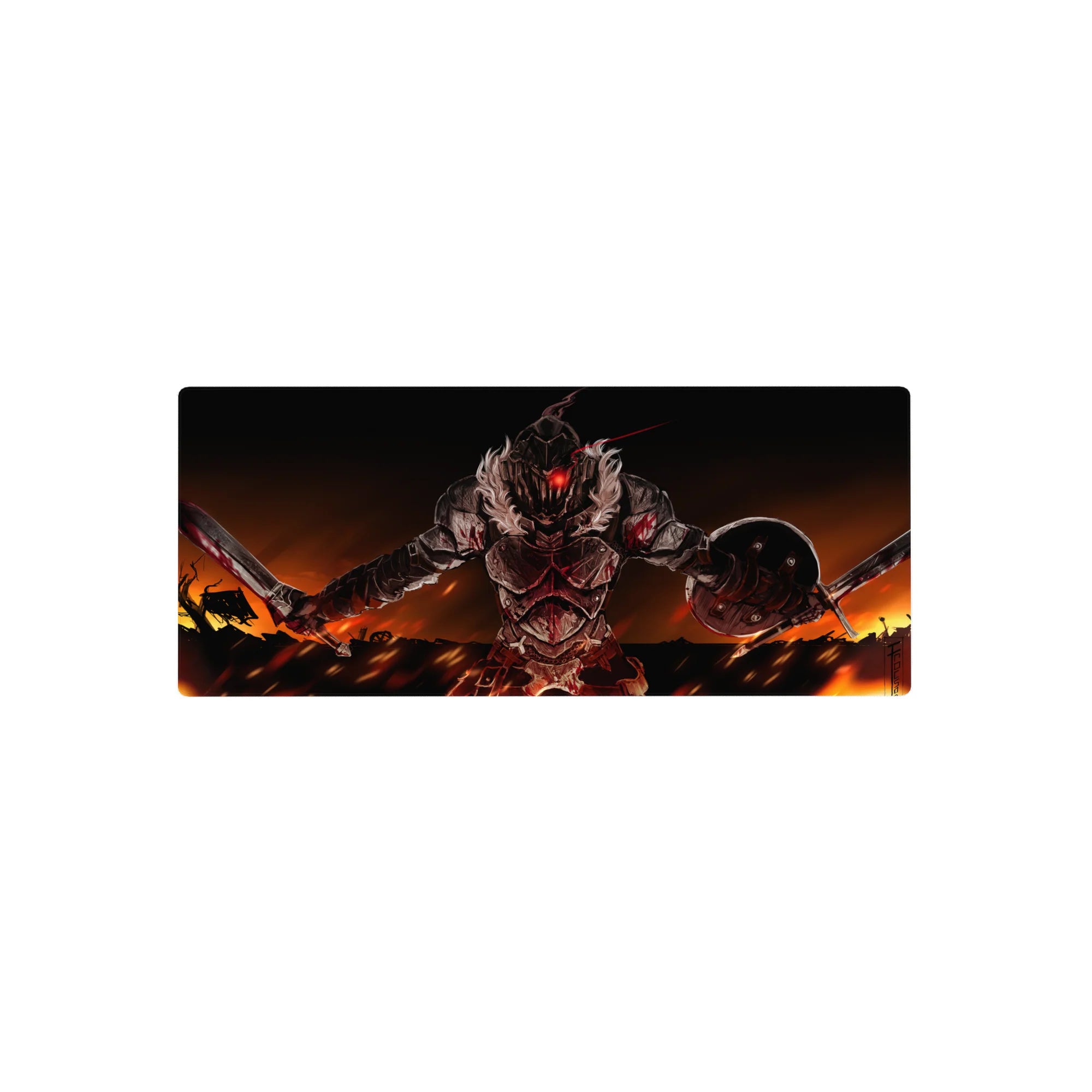 28x12 inches anime mouse pad with brutal red-visor knight, jagged steel armor, twin blades and shield.