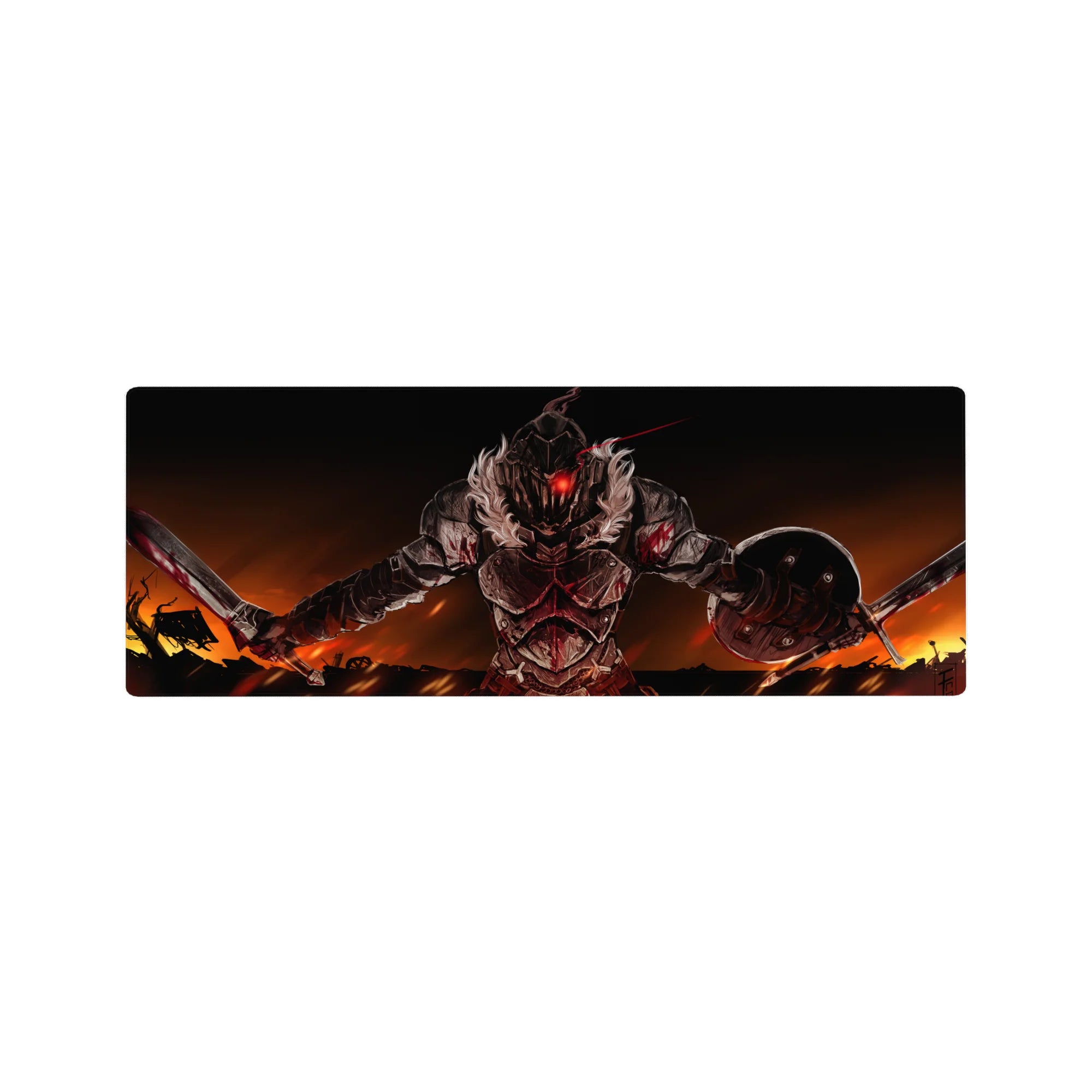 32x12 inches anime mouse pad with armored dark fantasy knight, twin blades, heavy shield, wildfire sky.