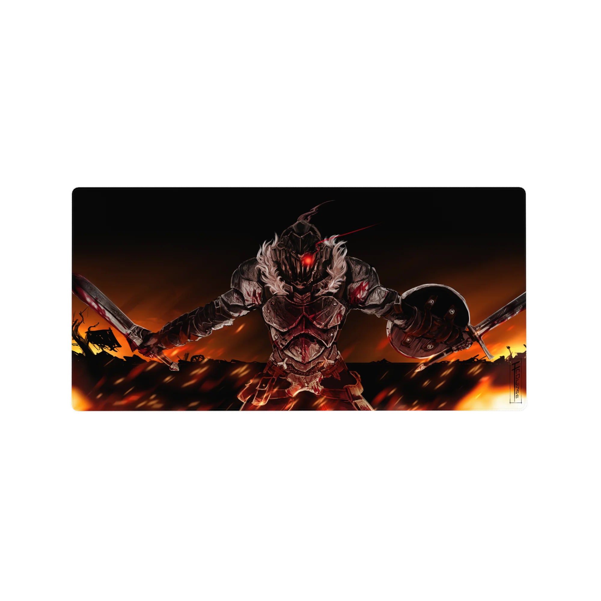 32x16 inches anime mouse pad with brutal red-visored knight, twin blades and shield, wildfire sky backdrop.