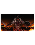 32x16 inches anime mouse pad with brutal red-visored knight, twin blades and shield, wildfire sky backdrop.