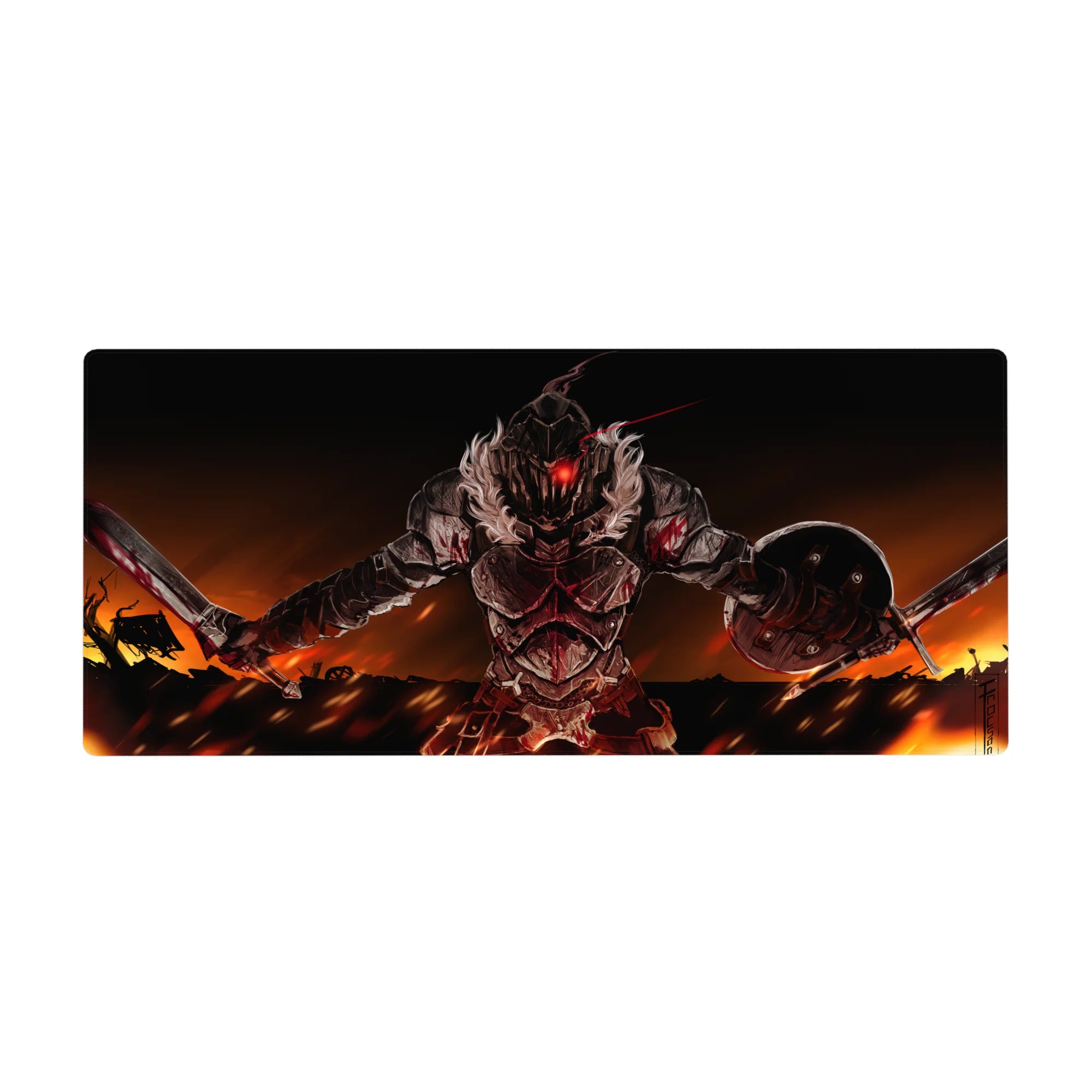 36x16 inches anime desk pad with brutal red-visor knight, twin blades, shield, and jagged steel armor.