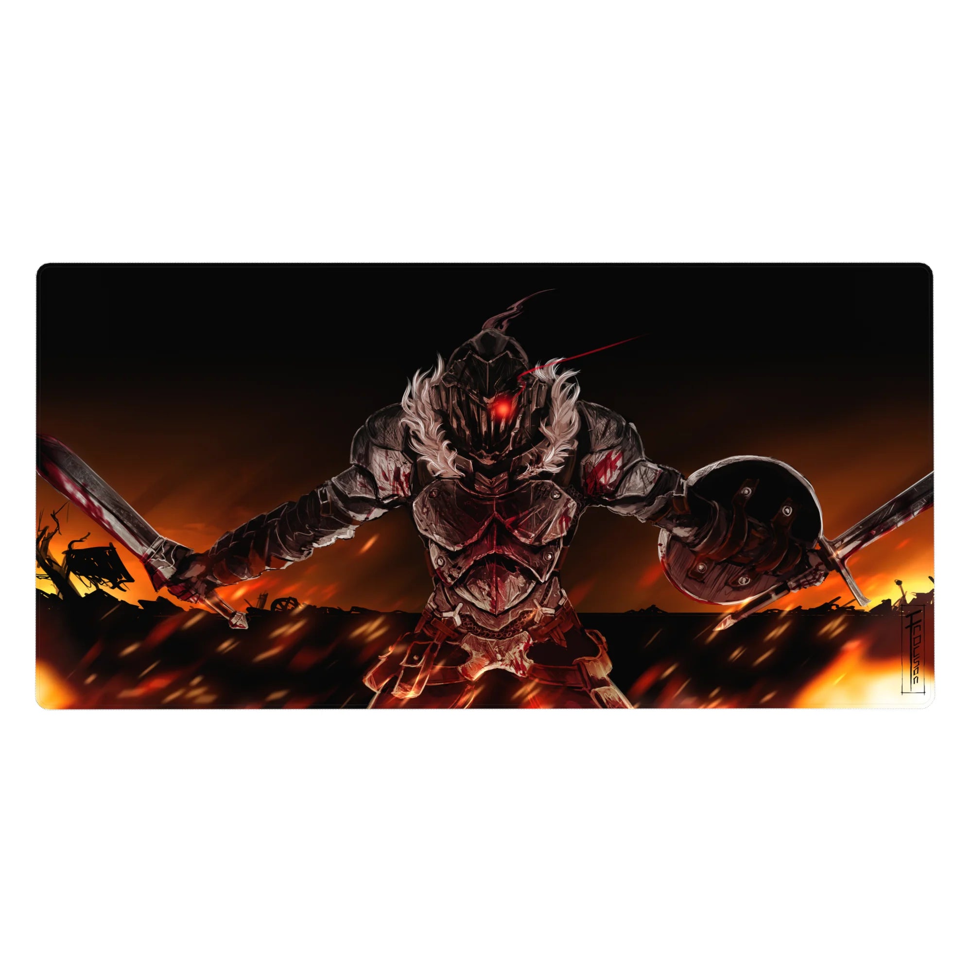 Anime desk pad 40x20 inches with a red-visor knight, twin blades, and shield in jagged steel armor.