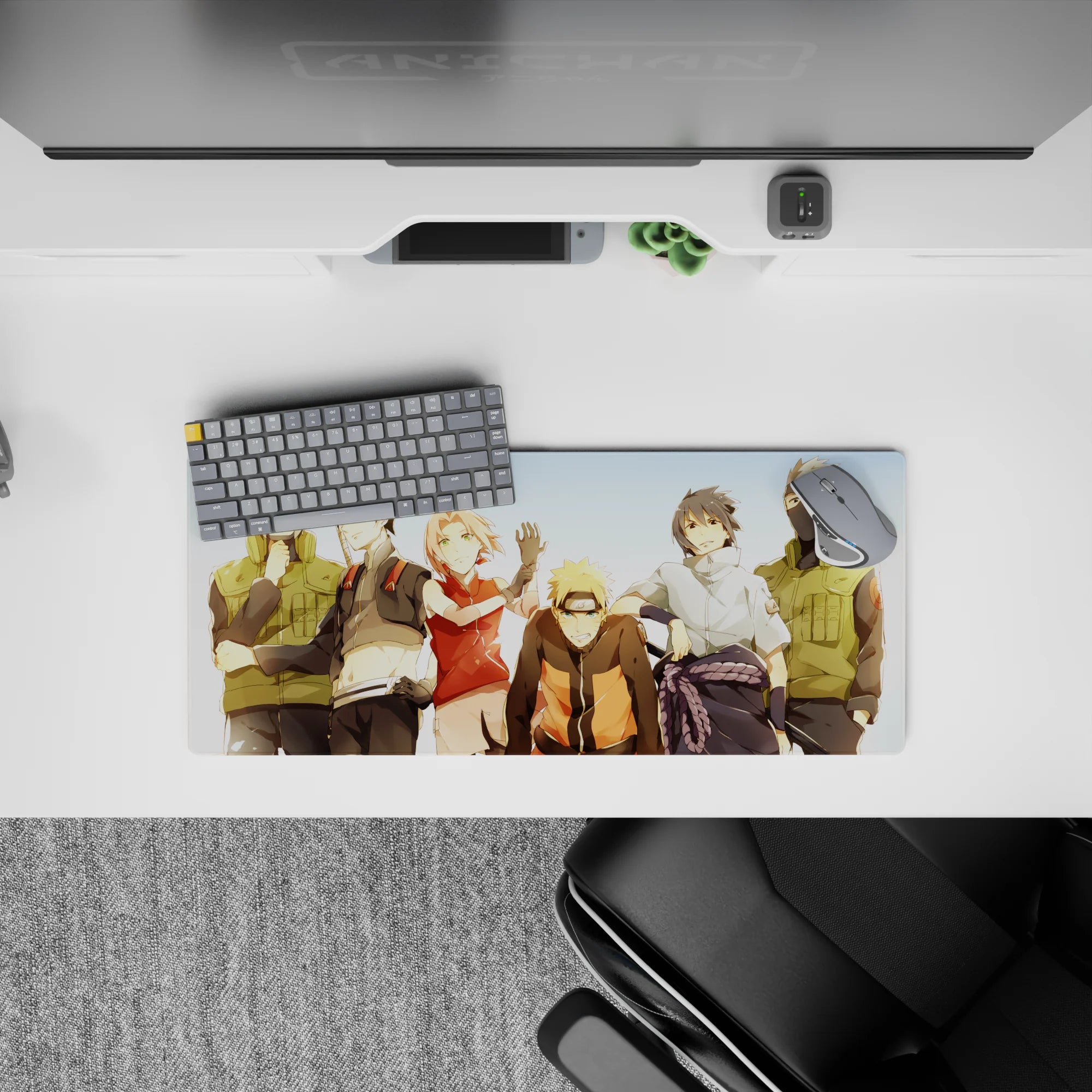 Sunny pastel anime mouse pad 28x12 inches in warm oranges, soft greens, and crisp whites under blue sky.