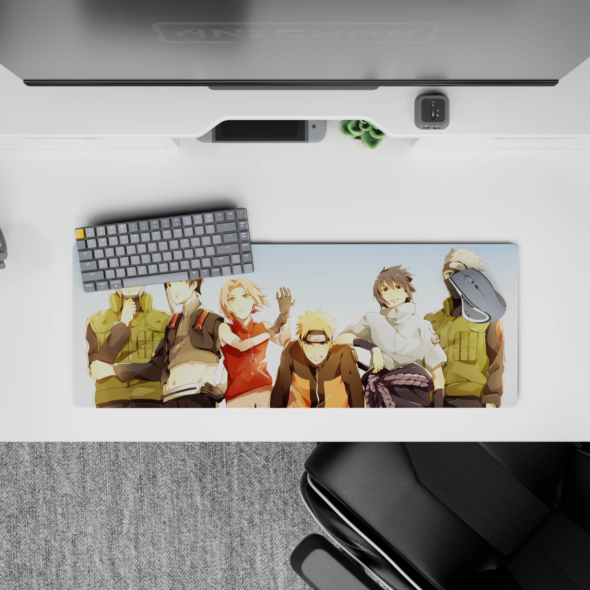 Cozy sunny palette anime mouse pad 32x12 inches, warm oranges, soft greens, crisp whites, nostalgic vibe.