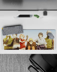 Cozy sunny palette anime mouse pad 32x12 inches, warm oranges, soft greens, crisp whites, nostalgic vibe.