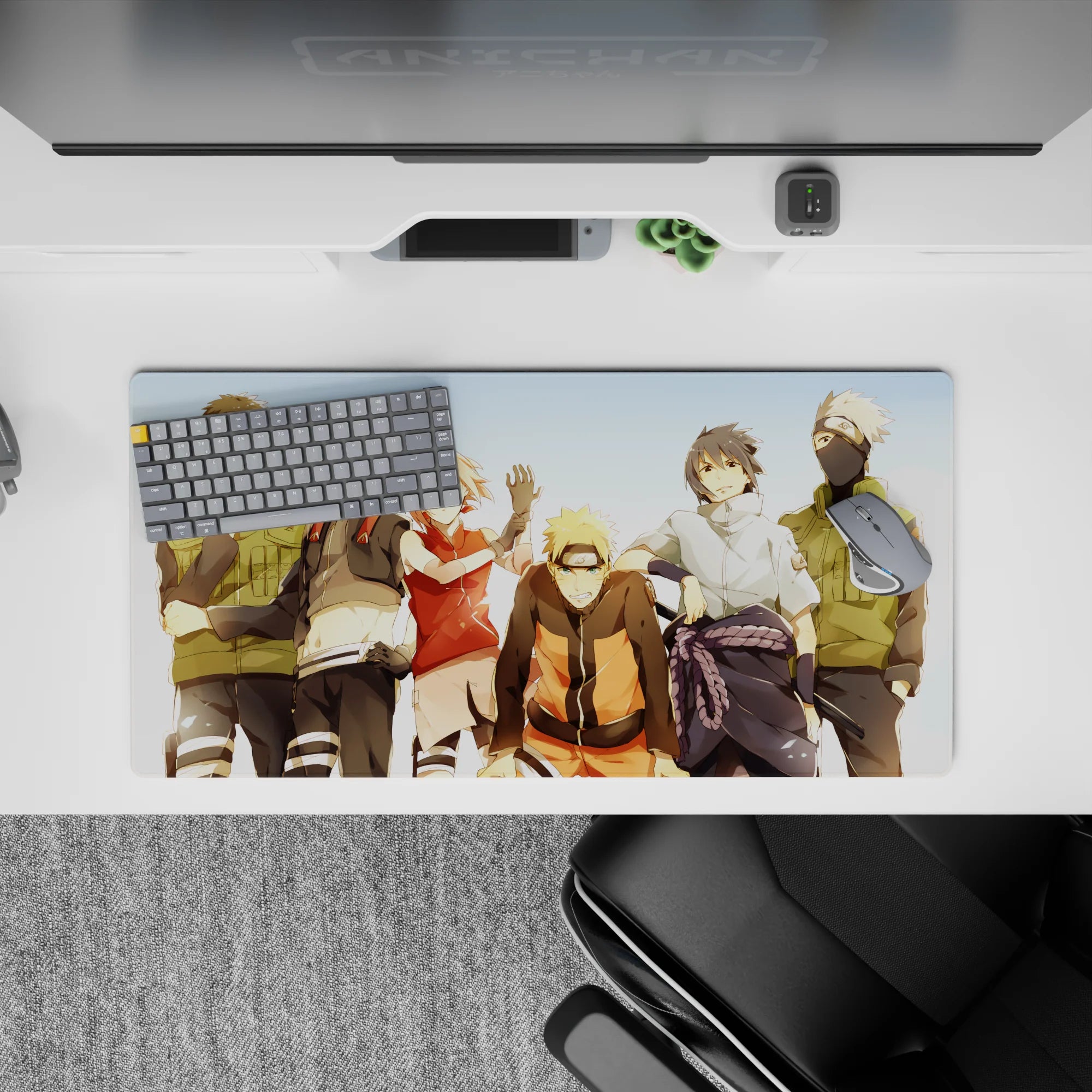 Sunny anime mouse pad 32x16 inches in warm oranges and soft greens, nostalgic friends vibe.