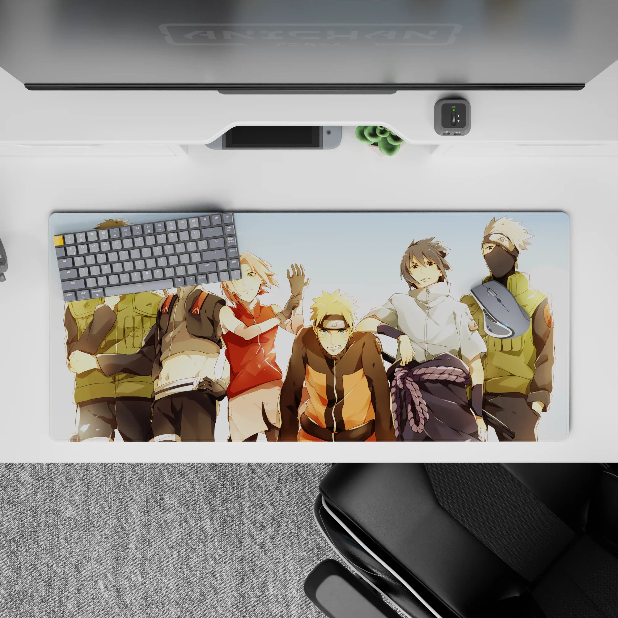 36x16 inches anime desk pad in sunny oranges and soft greens, cozy nostalgic vibe with white cloak pop.