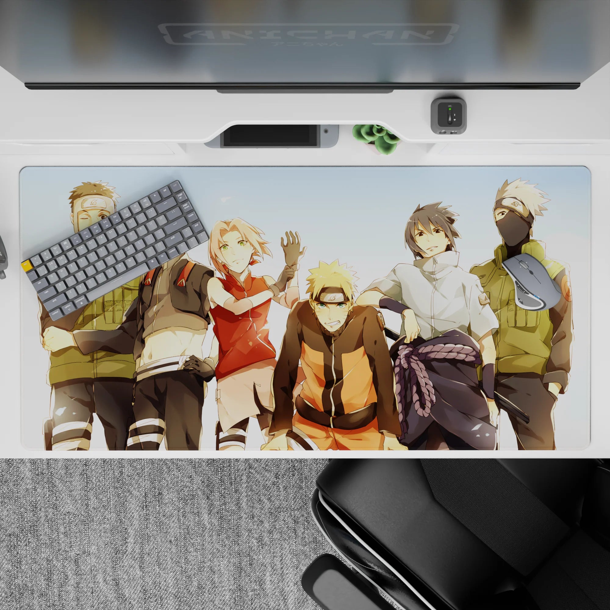 Cozy sunny anime desk pad 40x20 inches in warm oranges, soft greens, and crisp whites.