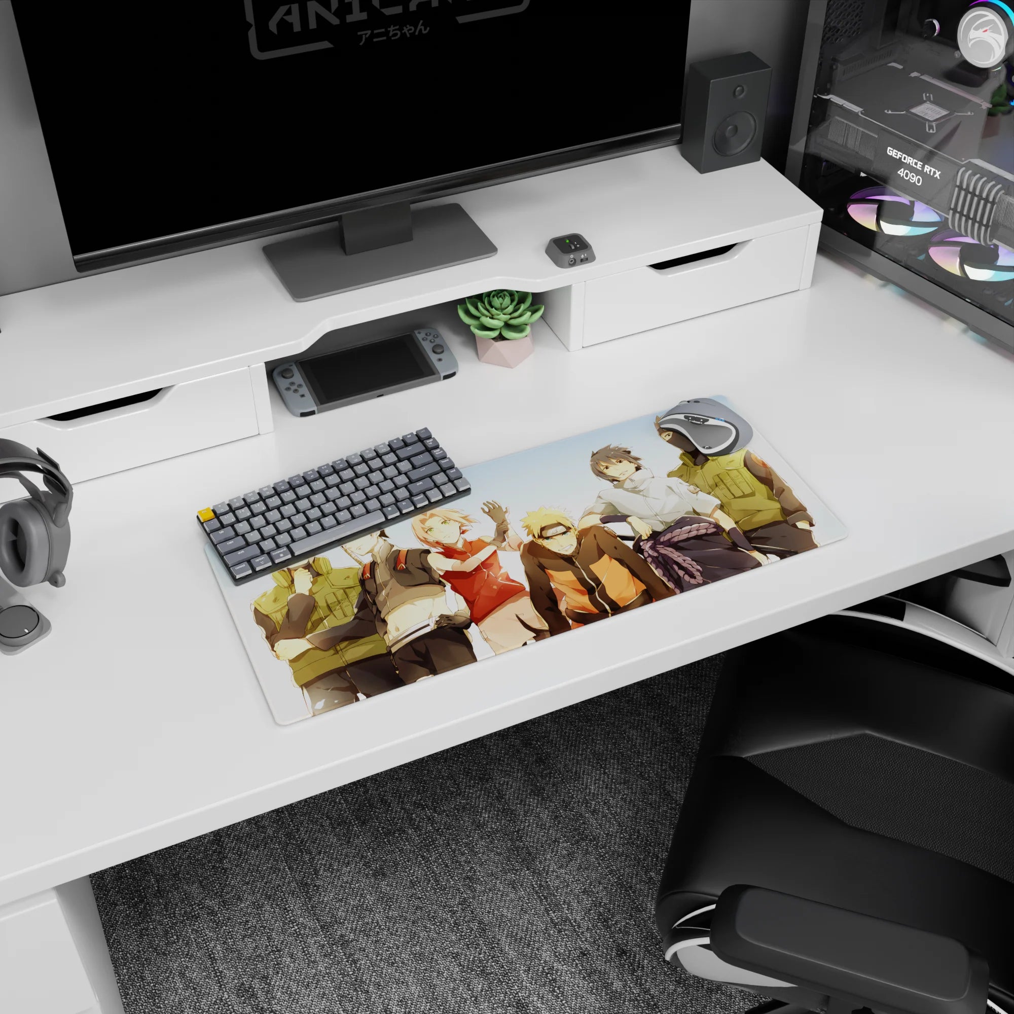 Naruto Uzumaki with Team 7 under a clear blue sky anime mouse pad 28x12 inches, nostalgic group shot.