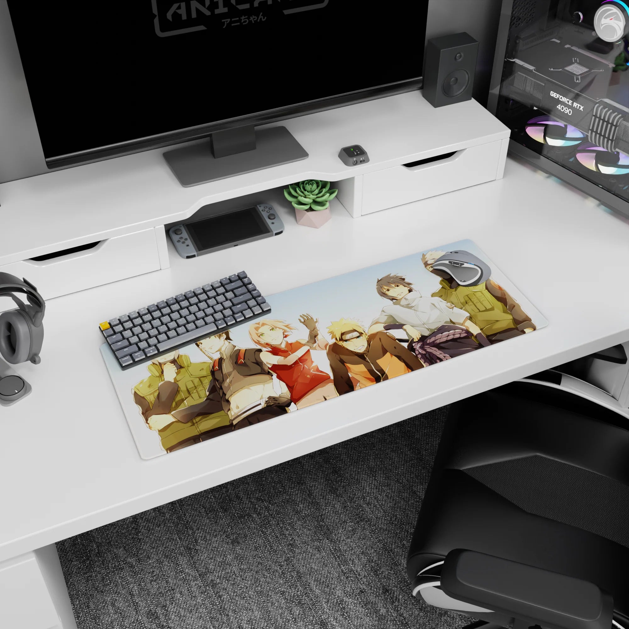 Naruto Uzumaki with Sakura, Sasuke, and Kakashi hanging out scene anime mouse pad 32x12 inches.