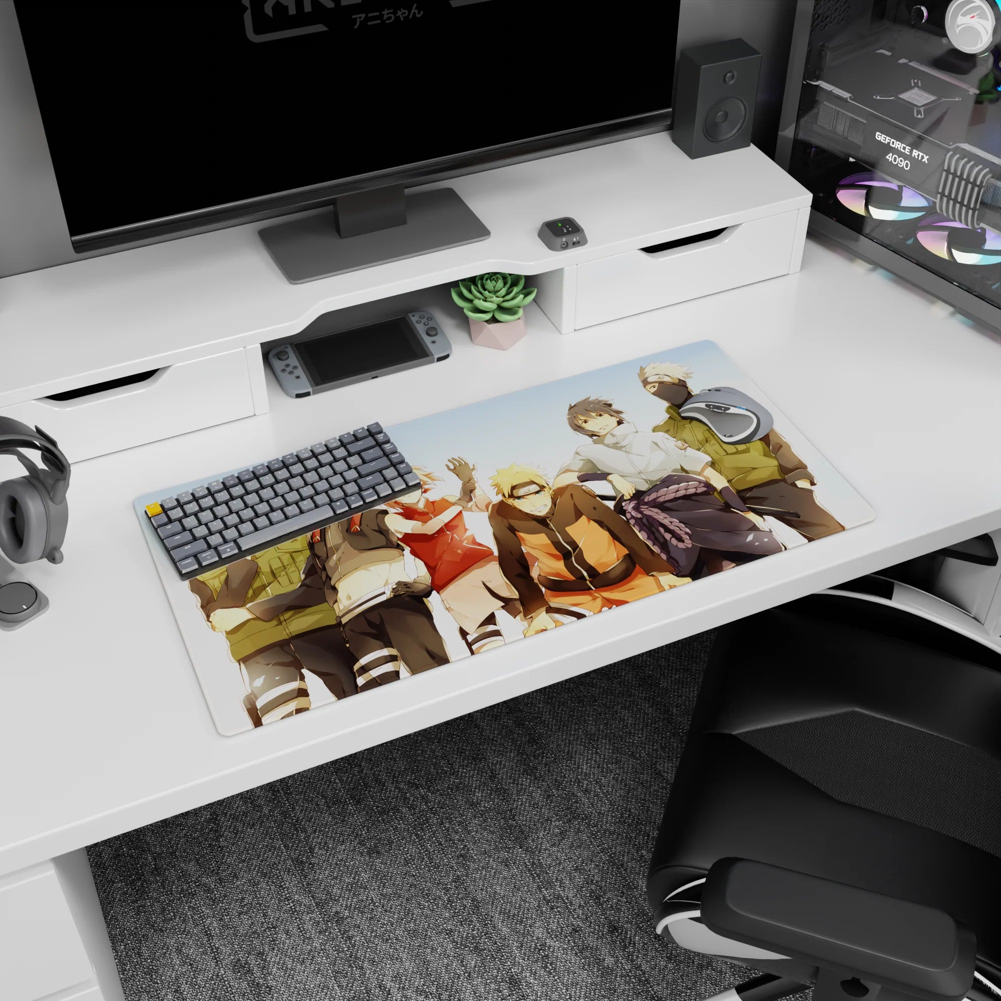 Naruto Uzumaki with Sakura, Sasuke and Kakashi on anime mouse pad 32x16 inches, Leaf headbands.