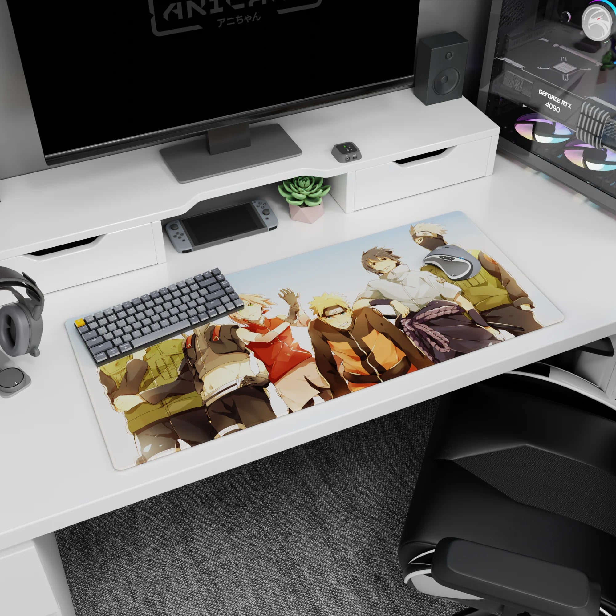 36x16 inches Naruto desk pad featuring Naruto, Sakura, Sasuke and Kakashi posed like a pre-mission photo.