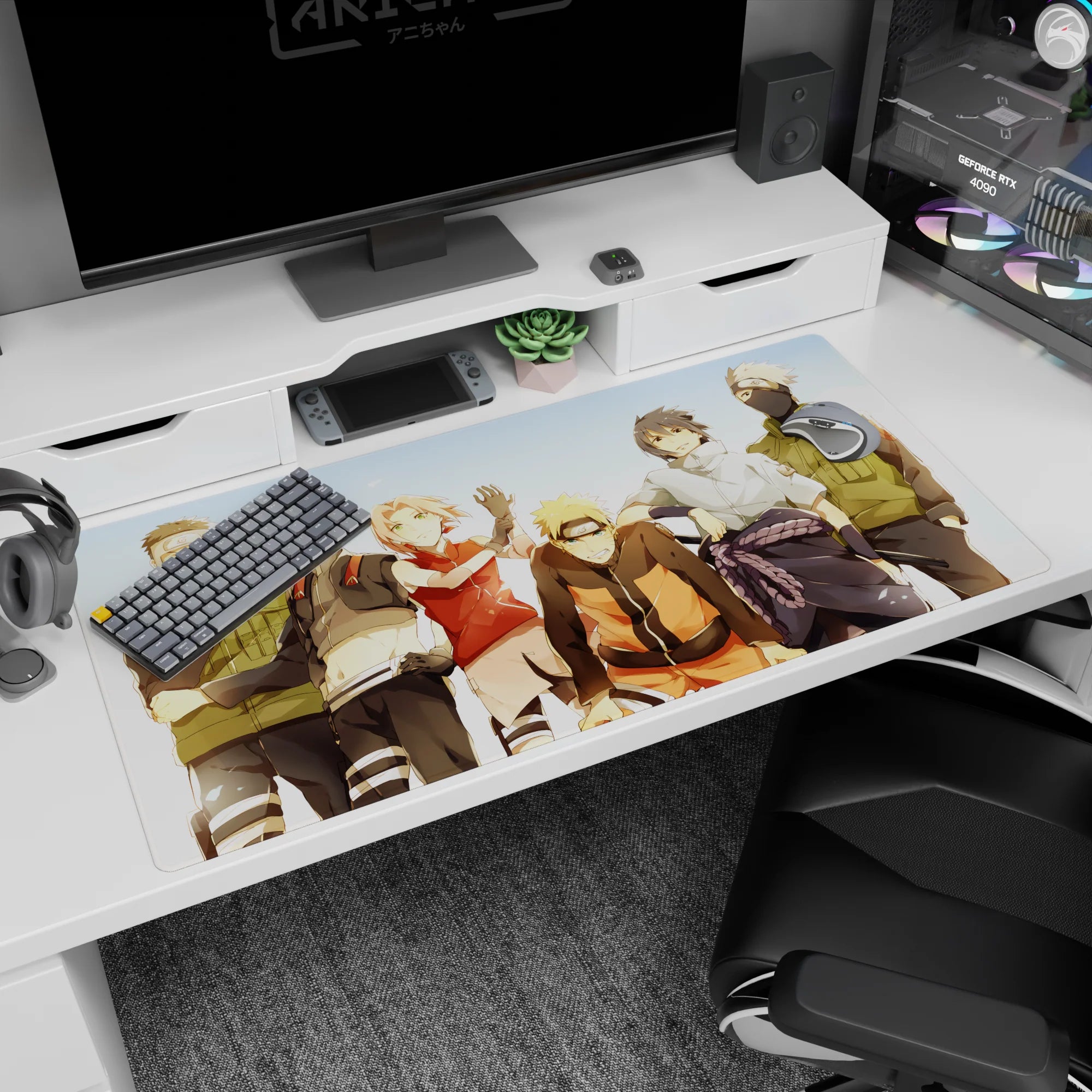 Naruto, Sakura, and Sasuke group snapshot desk pad 40x20 inches with Leaf headbands shining.