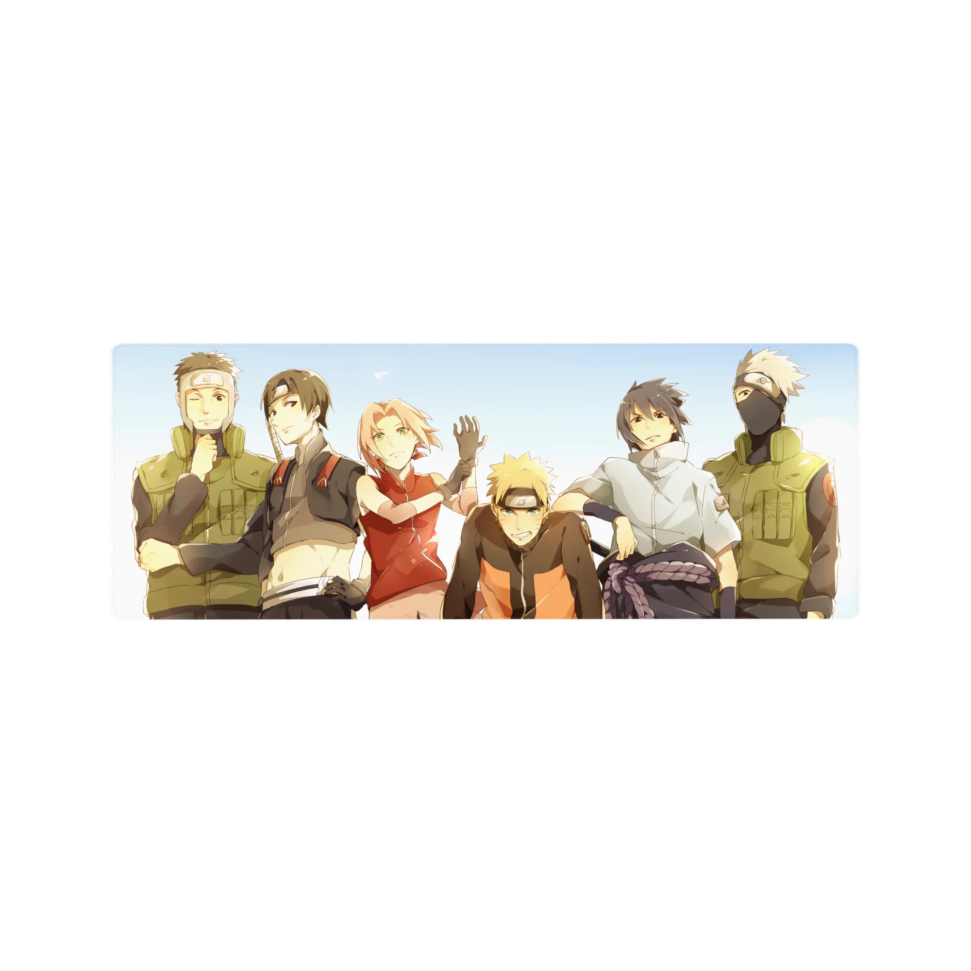 Naruto Team 7 group anime mouse pad 32x12 inches with Kakashi, Iruka, and Sai under blue sky.